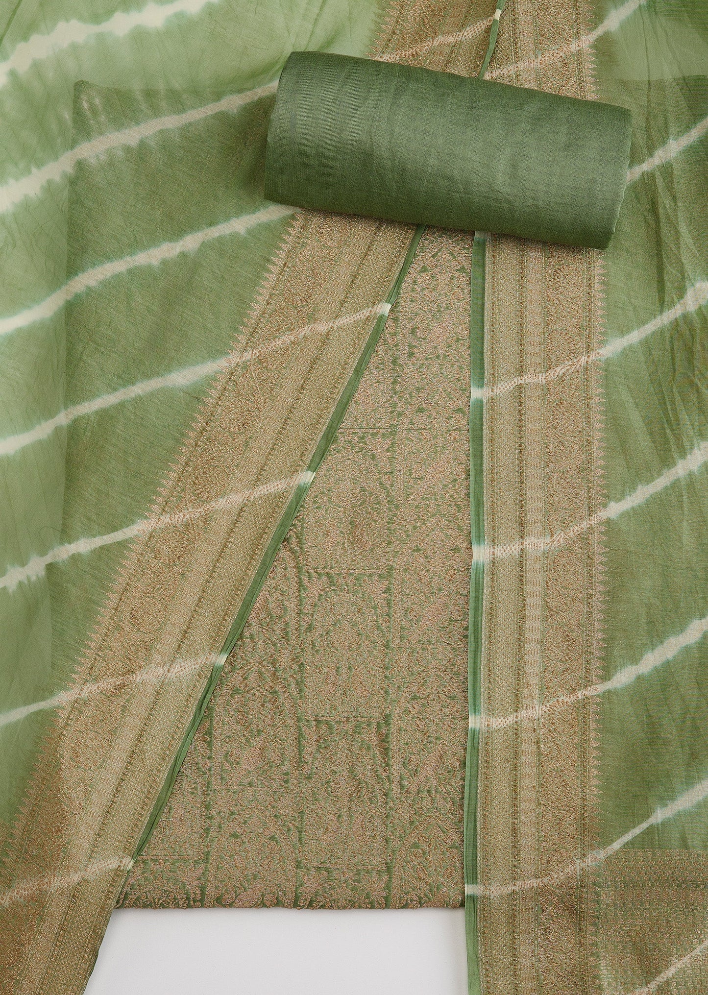 Green Banarasi Silk Unstitched Suit Set With Leheriya Dupatta