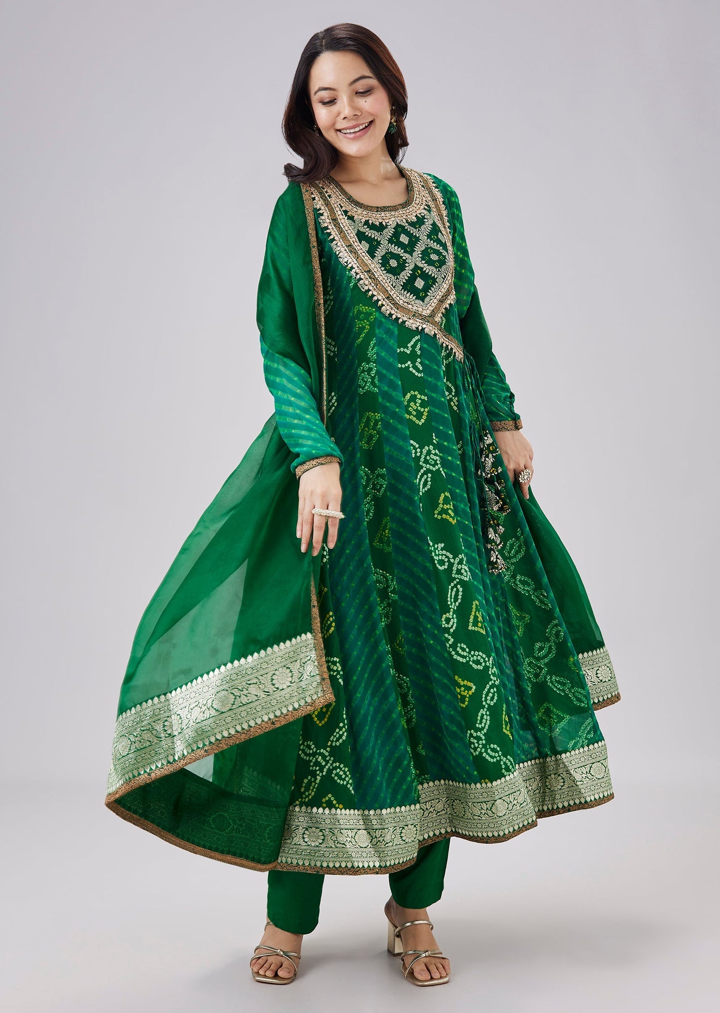 Green Bandhani And Leheriya Print Angrakha Suit Set