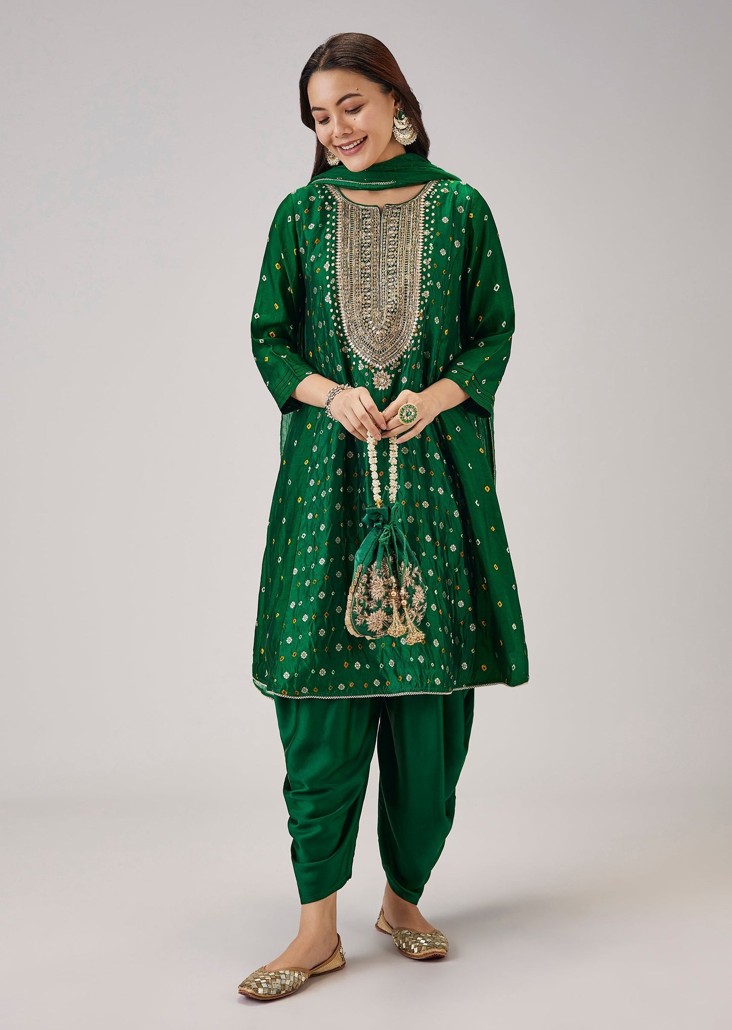 Green Bandhani Dhoti Pant Set With Gota Detailing