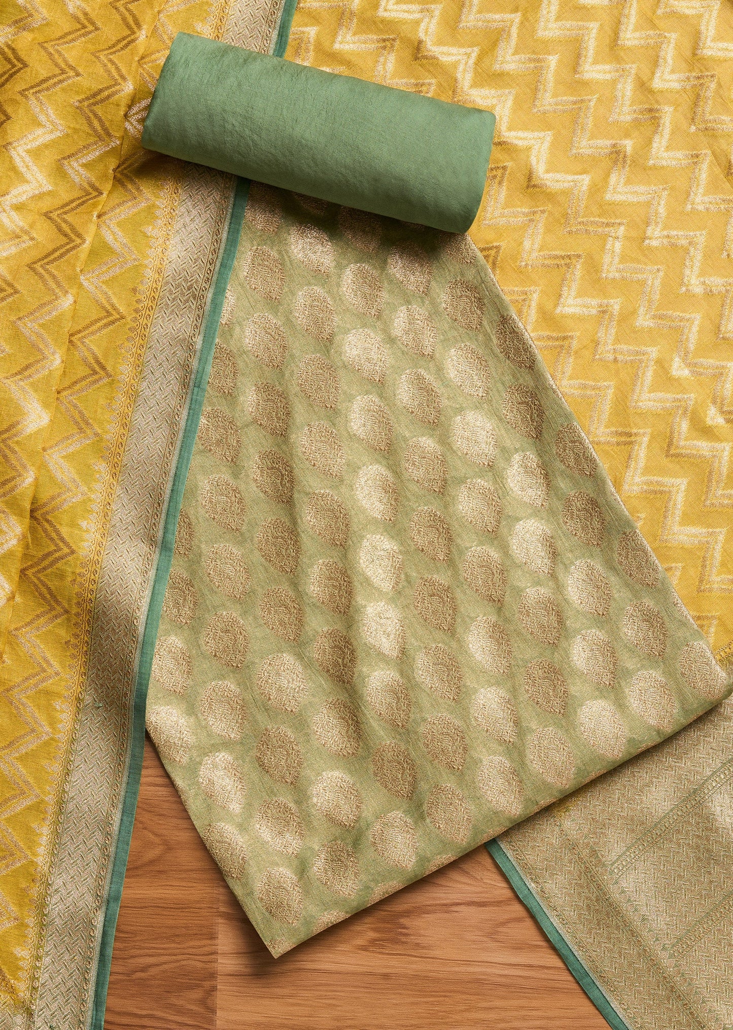 Green Brocade Banarasi Unstitched Suit With Dupatta