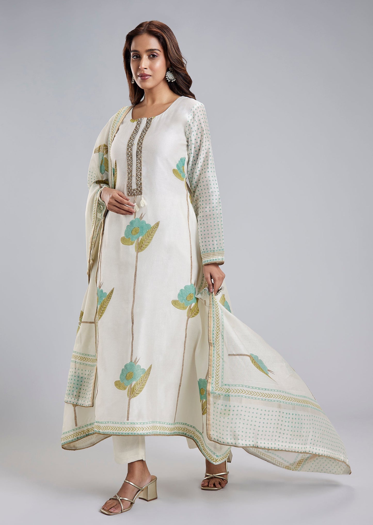 Green Chanderi Floral Block Print Anarkali Set With Zardosi Neckline And Dupatta