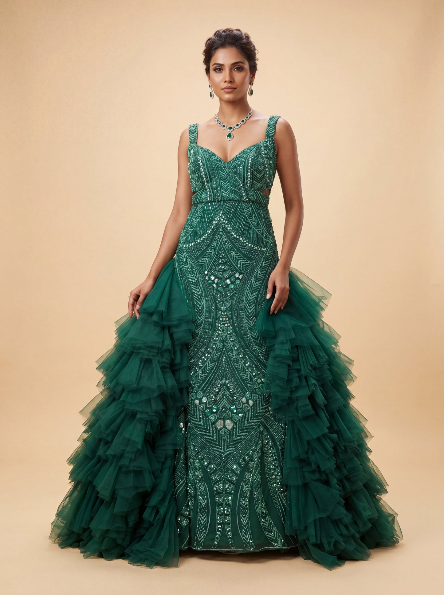 Green Contemporary Bridal Lehenga With Ruffled Tiered Skirt