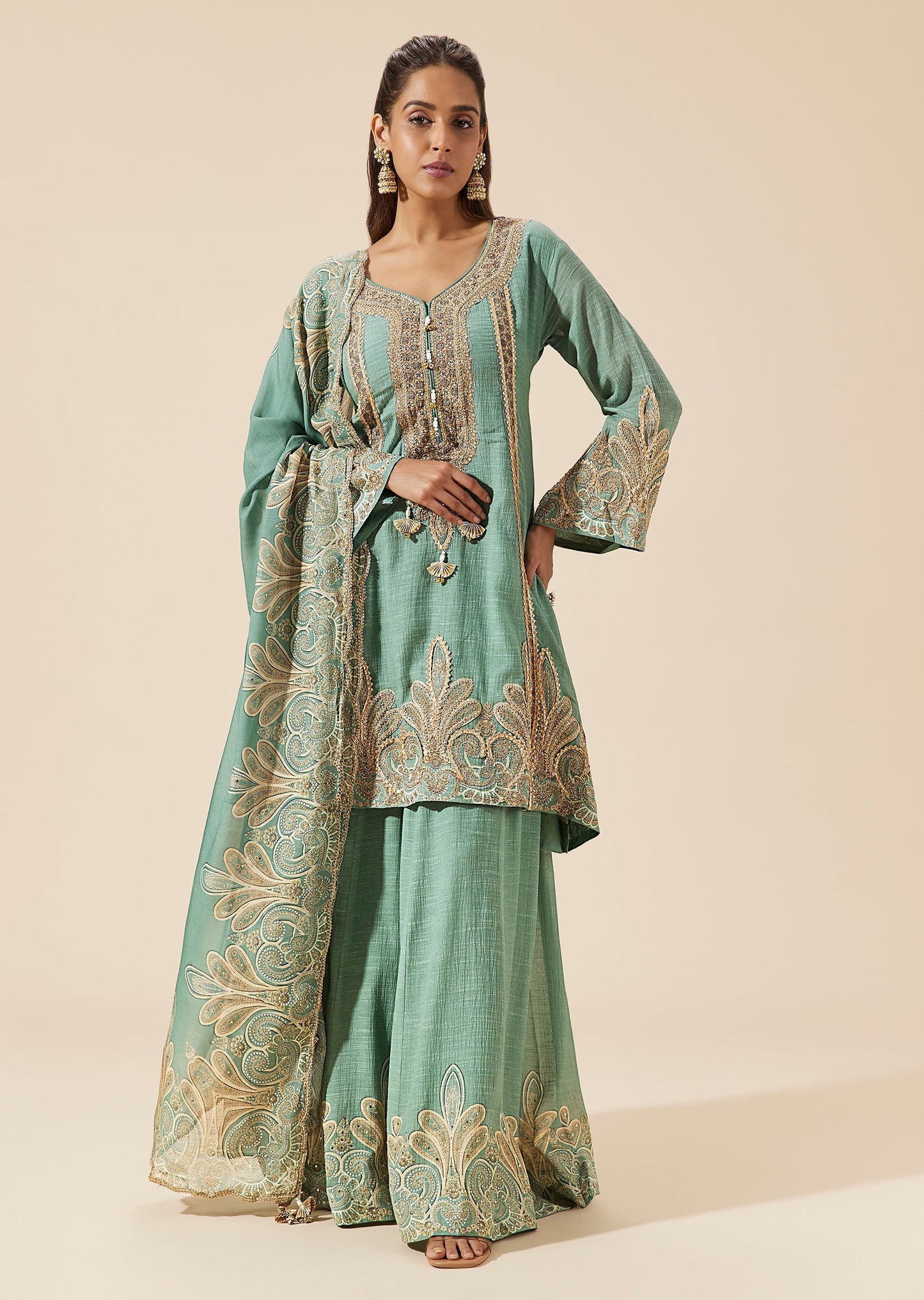 Green Cotton Chinon Palazzo Suit With Gotta Highlight Prints