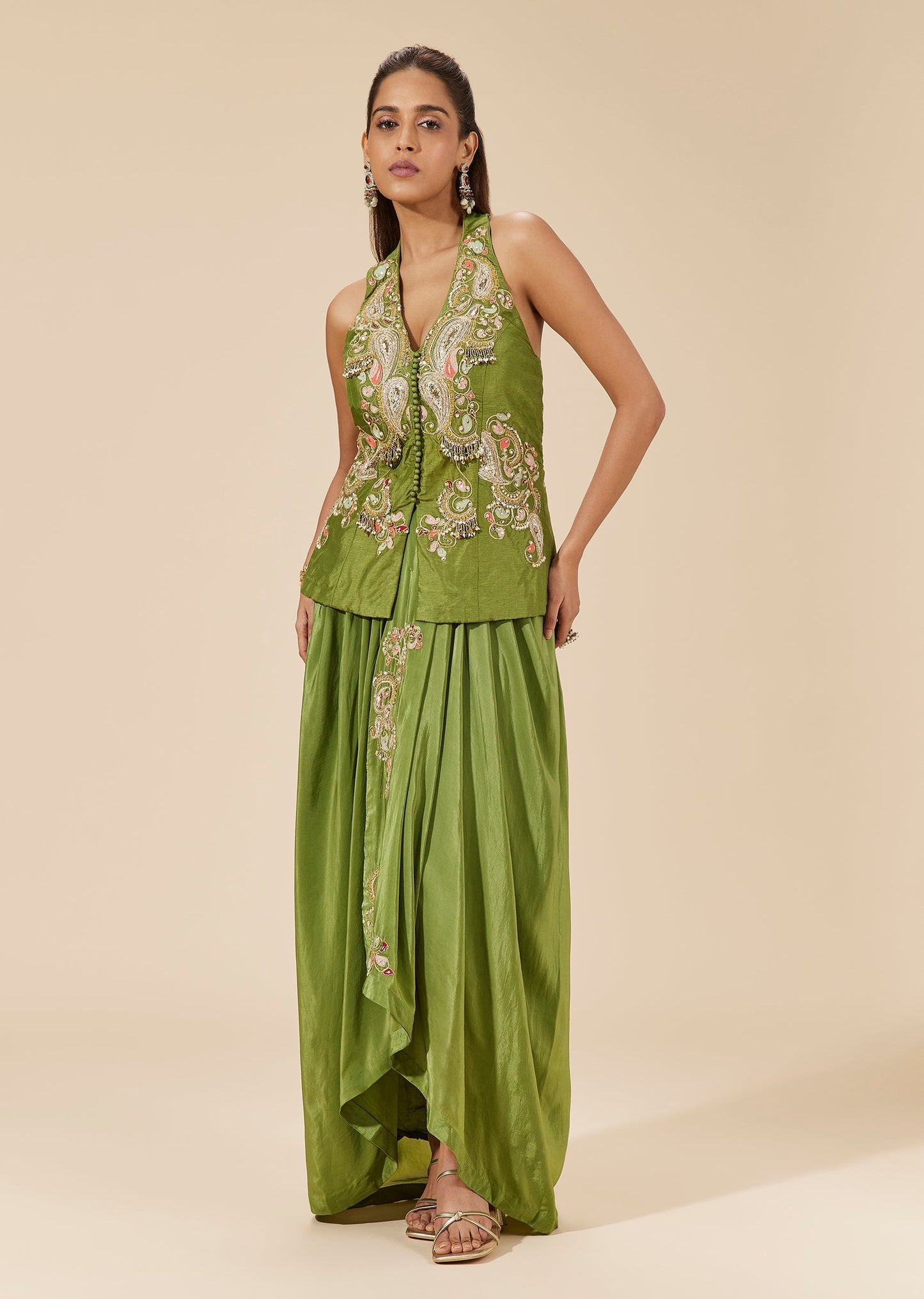 Green Crepe Drape Skirt Set With Resham And Sequin Embroidered Halter Top