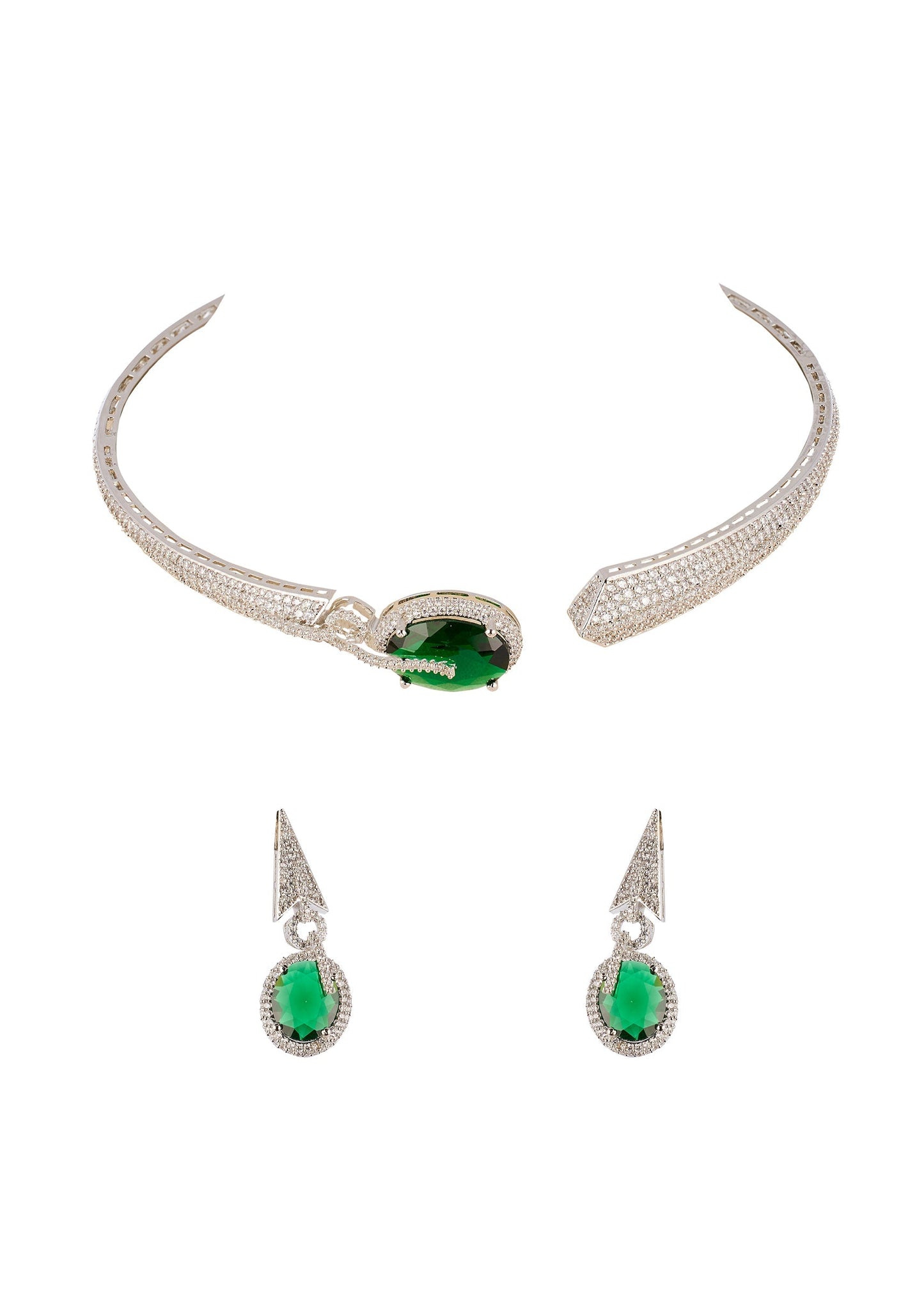 Green CZ Diamond Anti Tarnish Rhodium Plated Gemstone Pendant Necklace Set