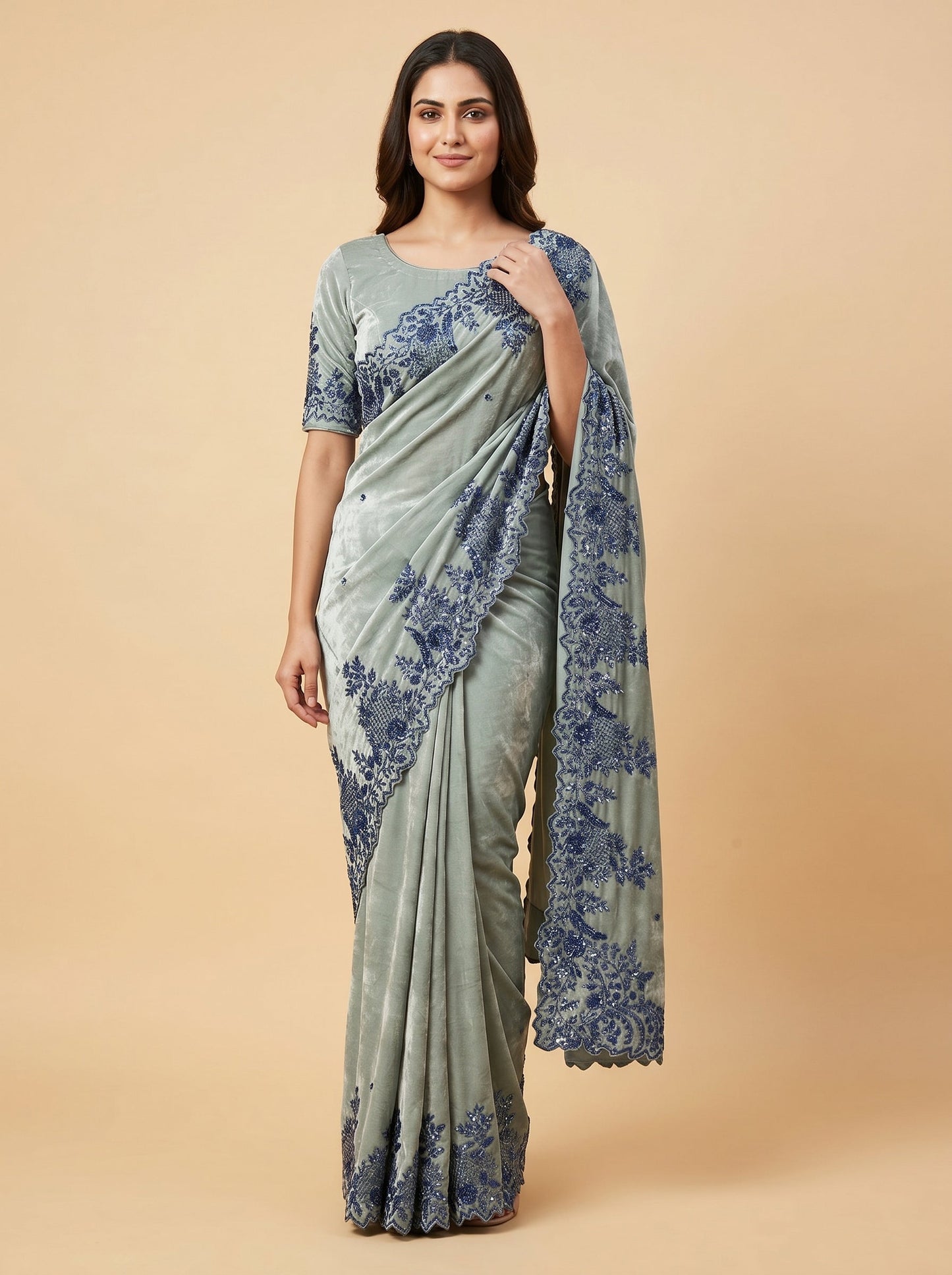 Green embroidered saree with floral design