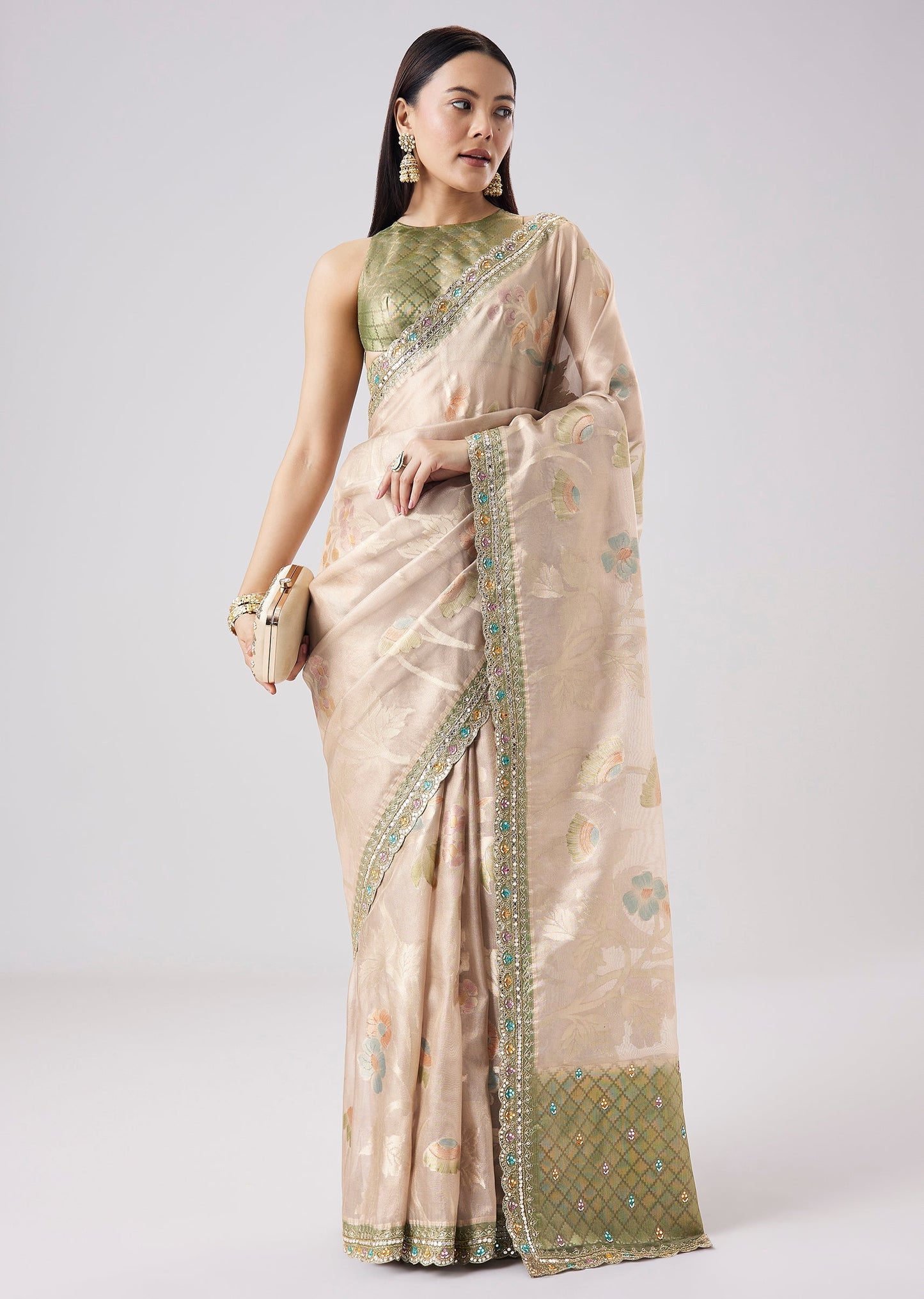 Green Embroidered Saree With Unstitched Blouse