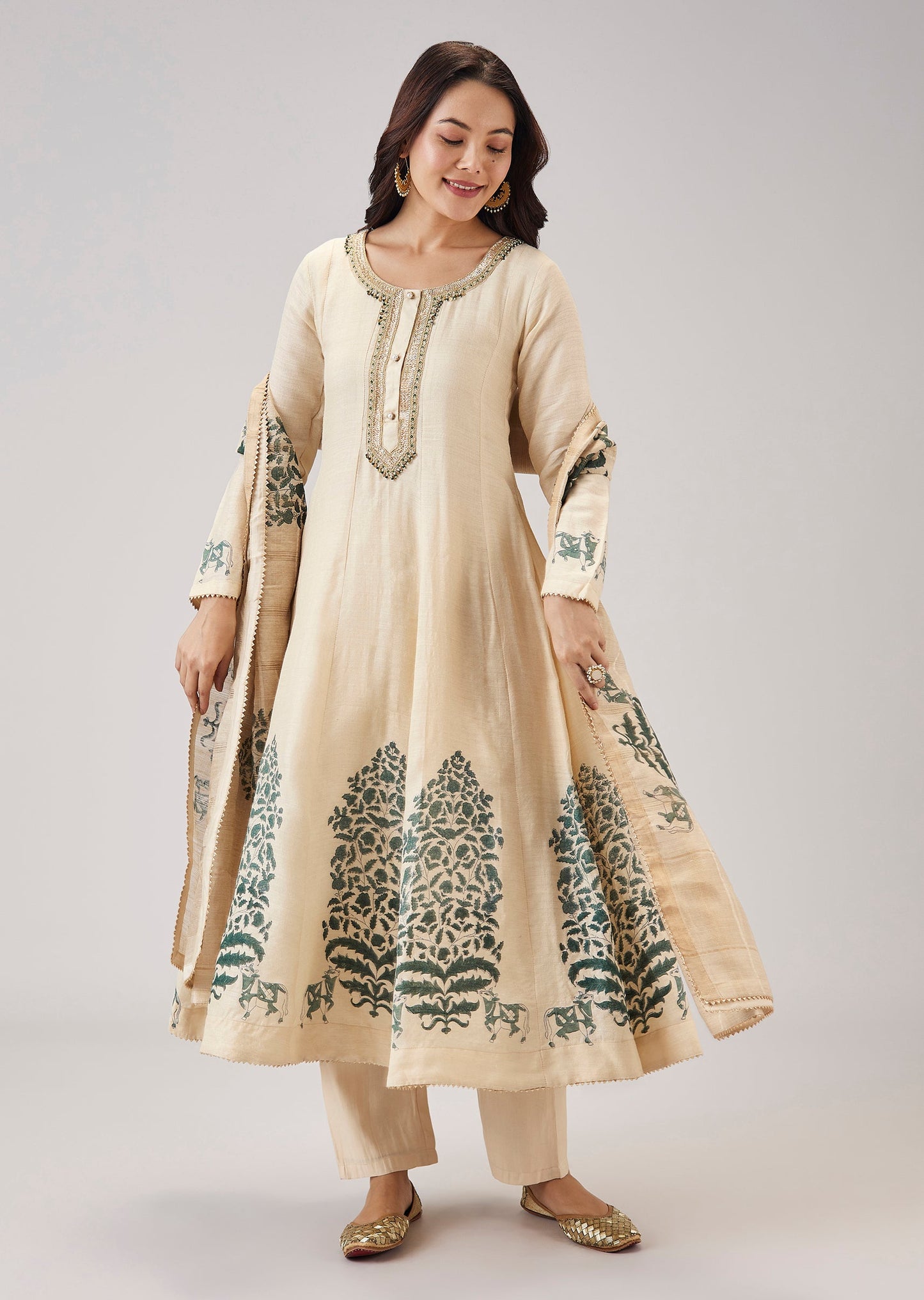 Green Hand Block Print Anarkali With Zardosi Detailing