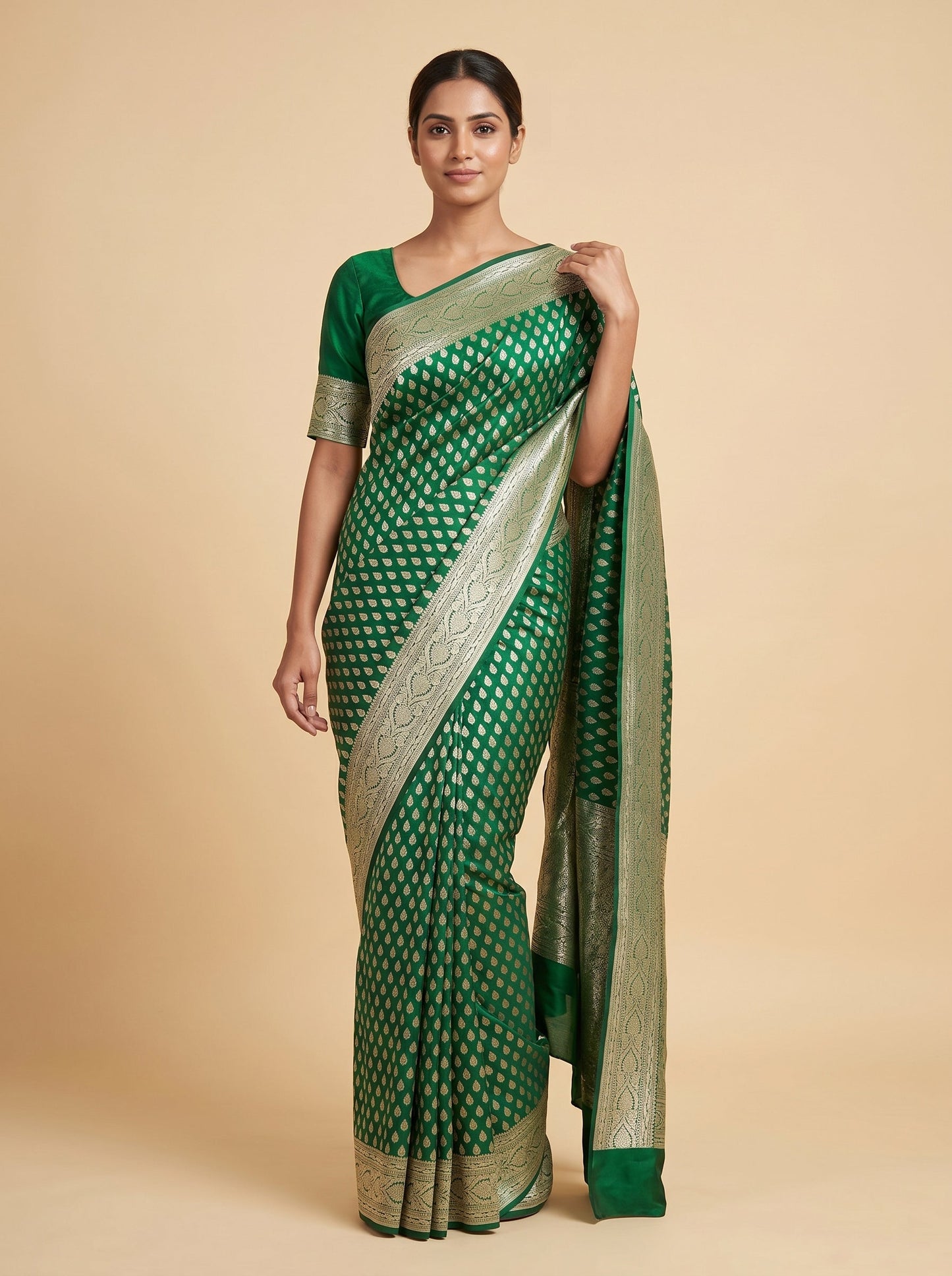 Green handloom saree with woven border