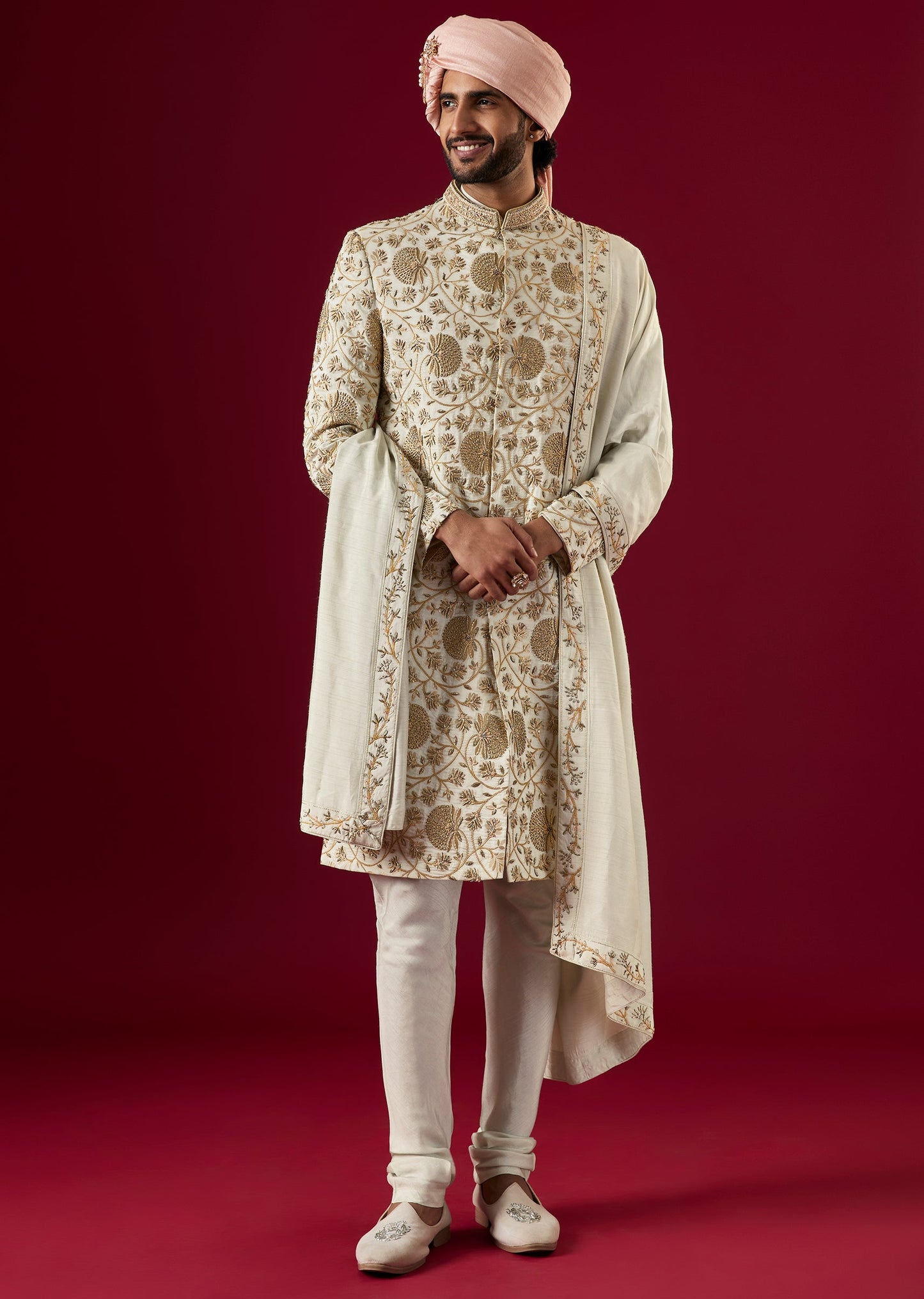 Green Jacquard Silk Sherwani Set With Zardosi Work