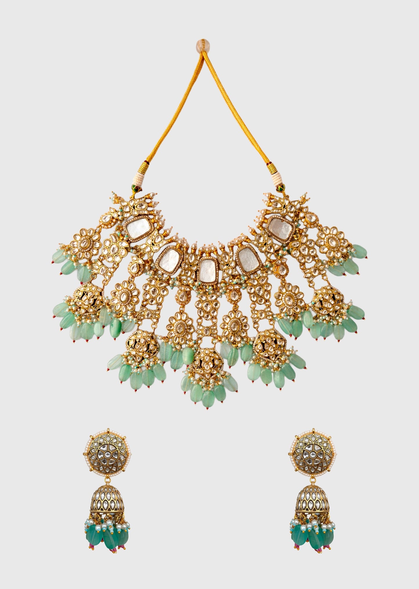 Green Kundan And Mother Of Pearl Necklace Set