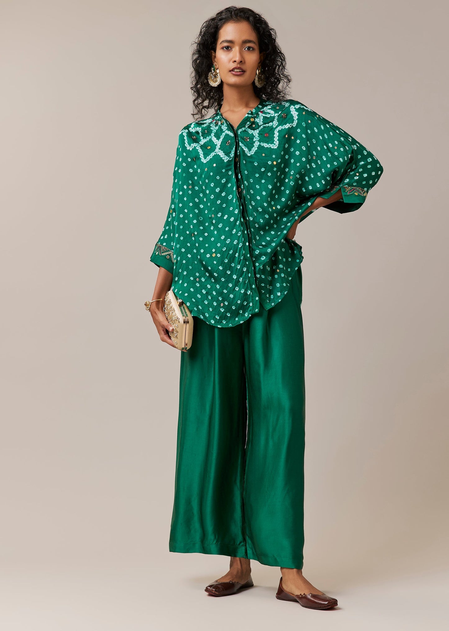 Green Mirror Work Hand Dyed Bandhani and Leheriya Pant Set