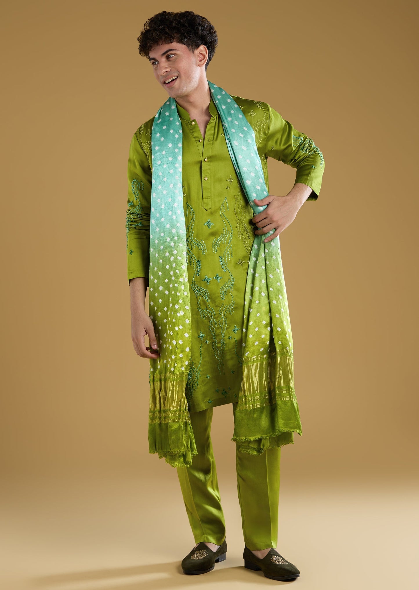 Green Ombre Hand Dyed Bandhani Silk Dupatta