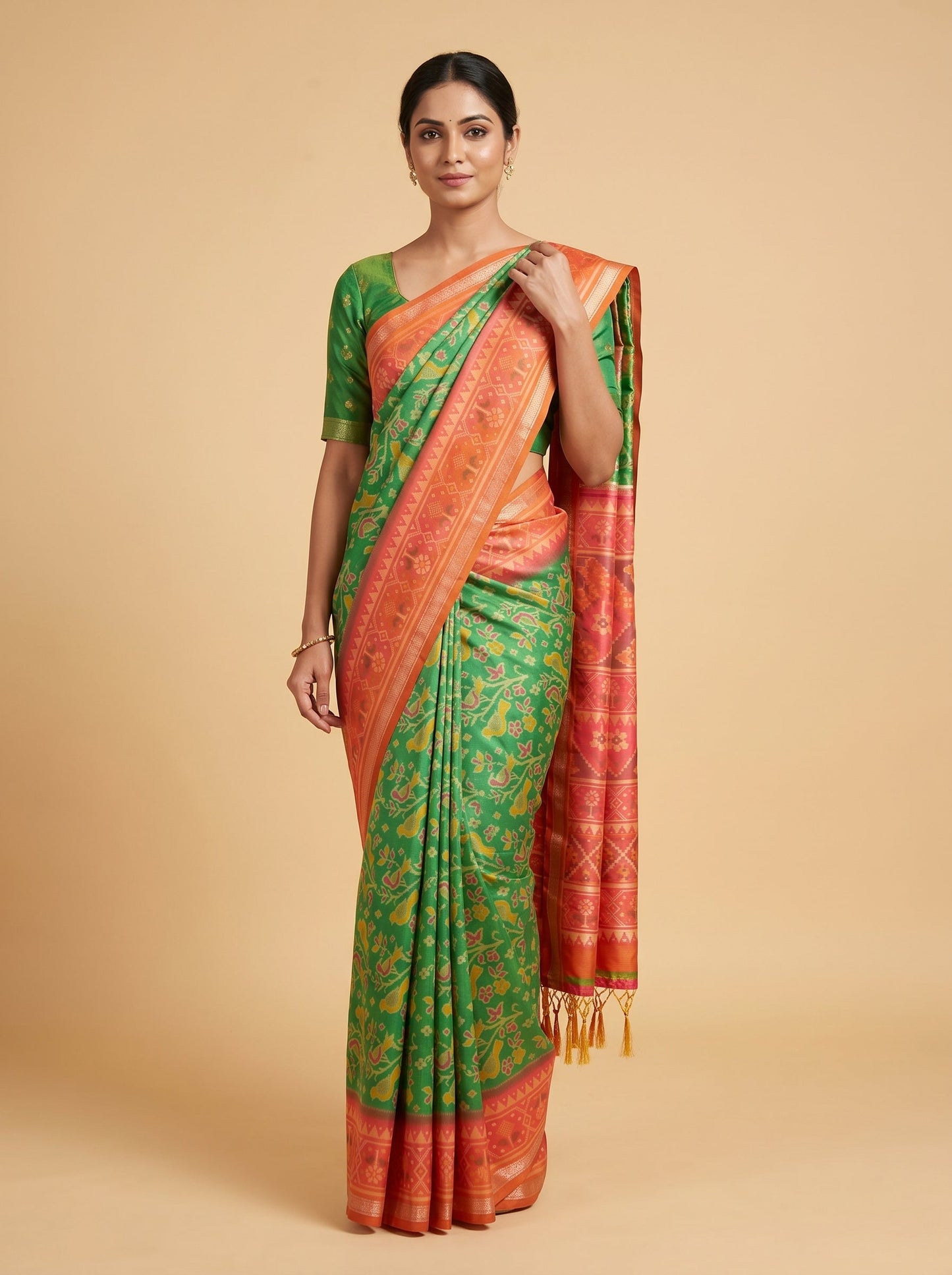 Green Orange Dual Harmony Handloom Saree