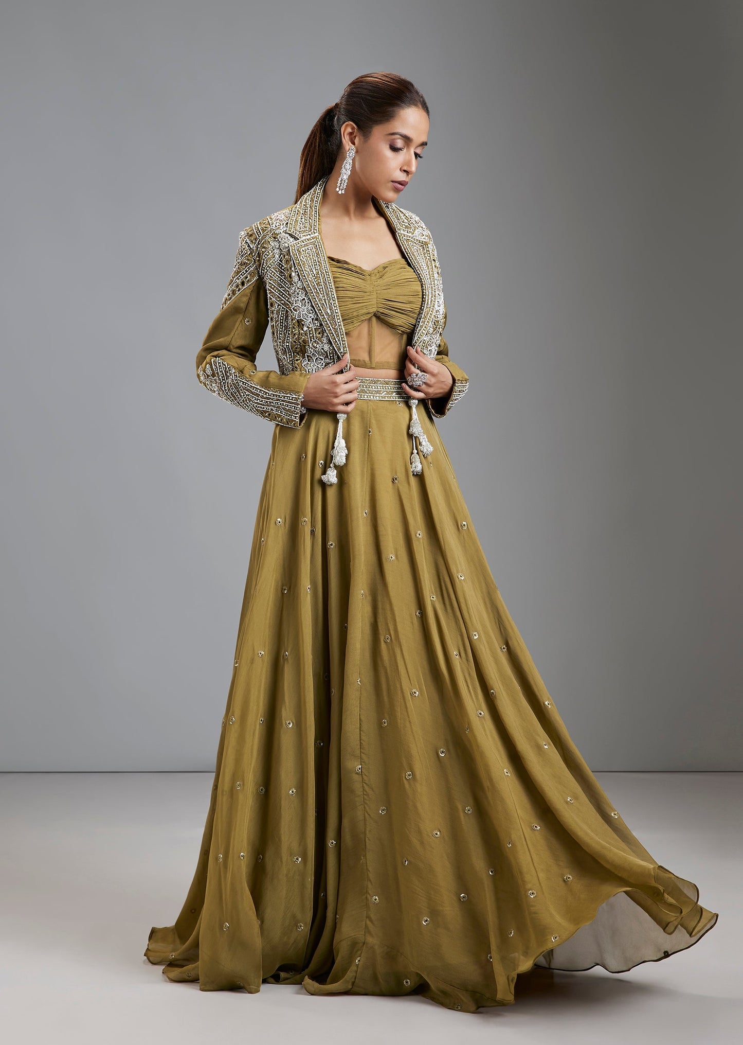 Green Organza Lehenga Set With Pleated Bustier And Embellished Jacket