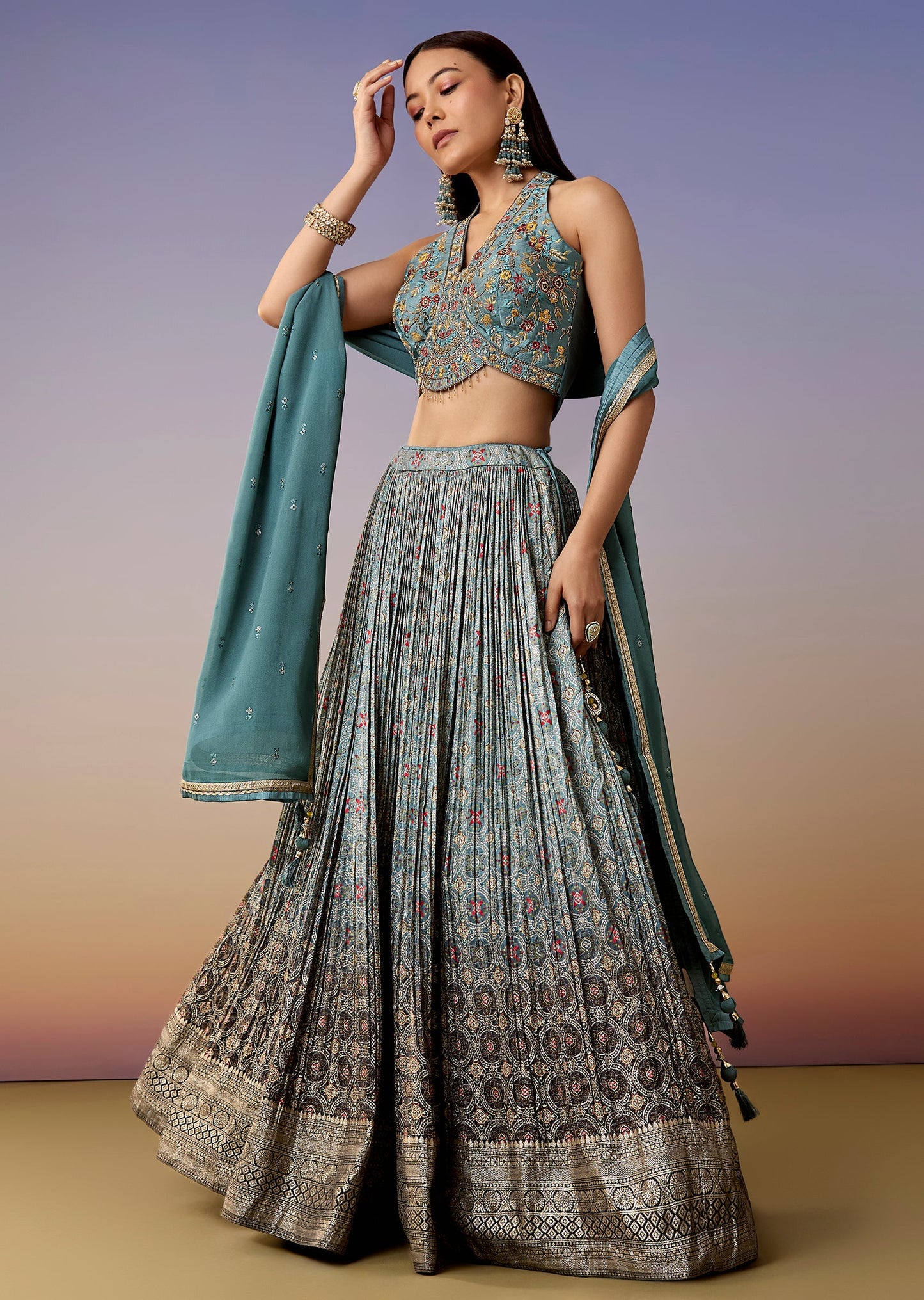 Turquoise Printed Halter Bridesmaid Lehenga Set