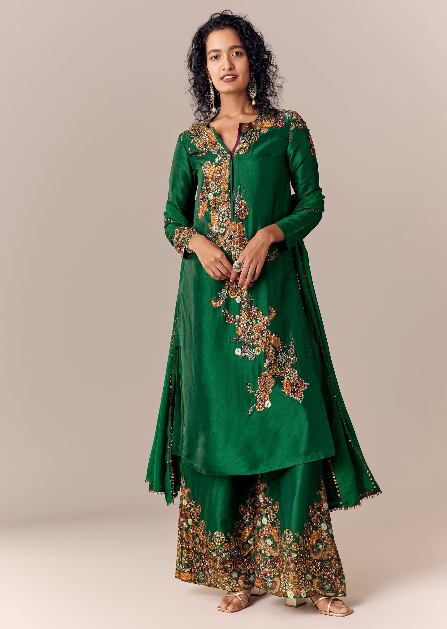 Green Printed Kurta Palazzo Set With Dupatta