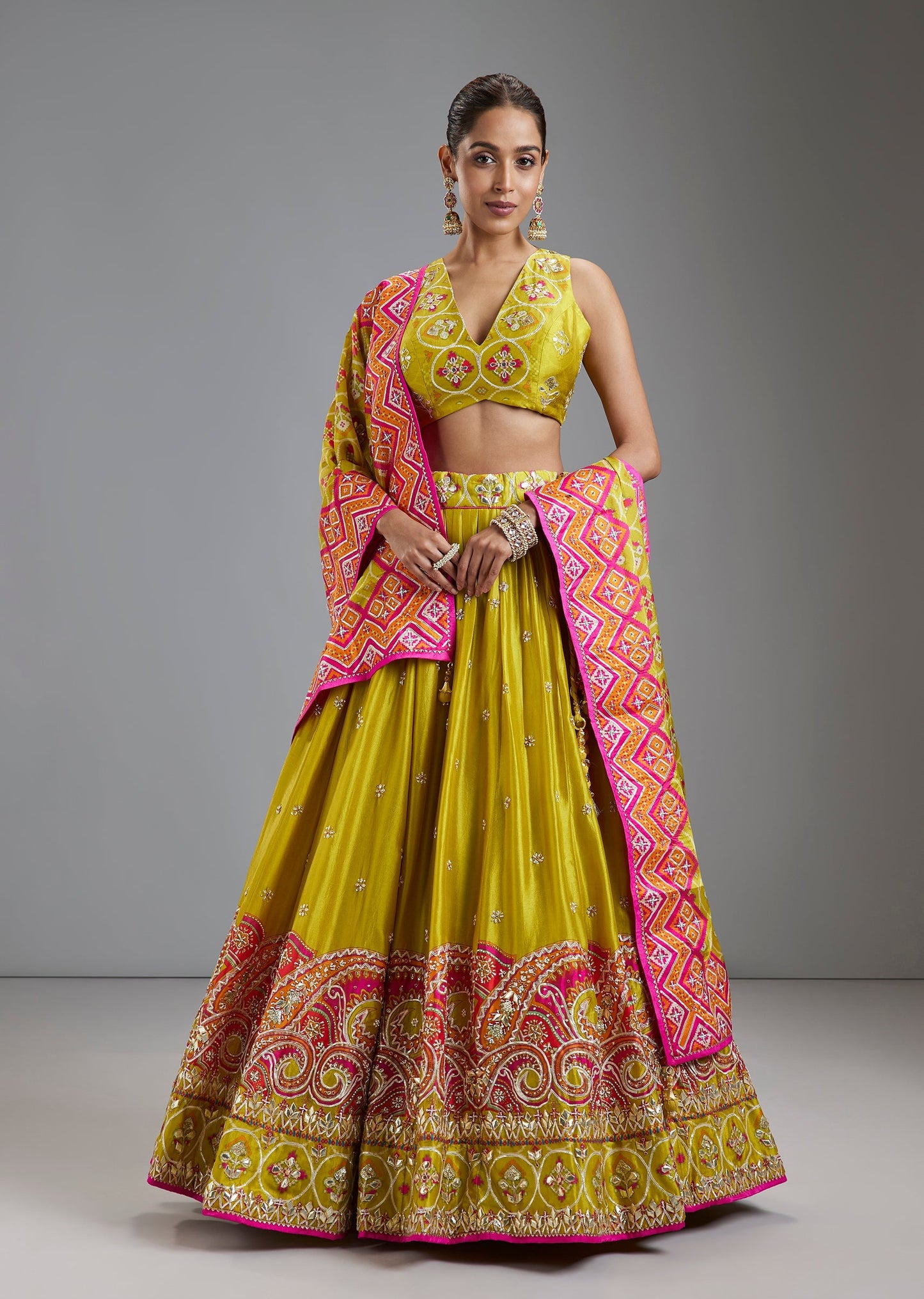 Green Russian Silk Patola Print Lehenga With Gotta Work Choli