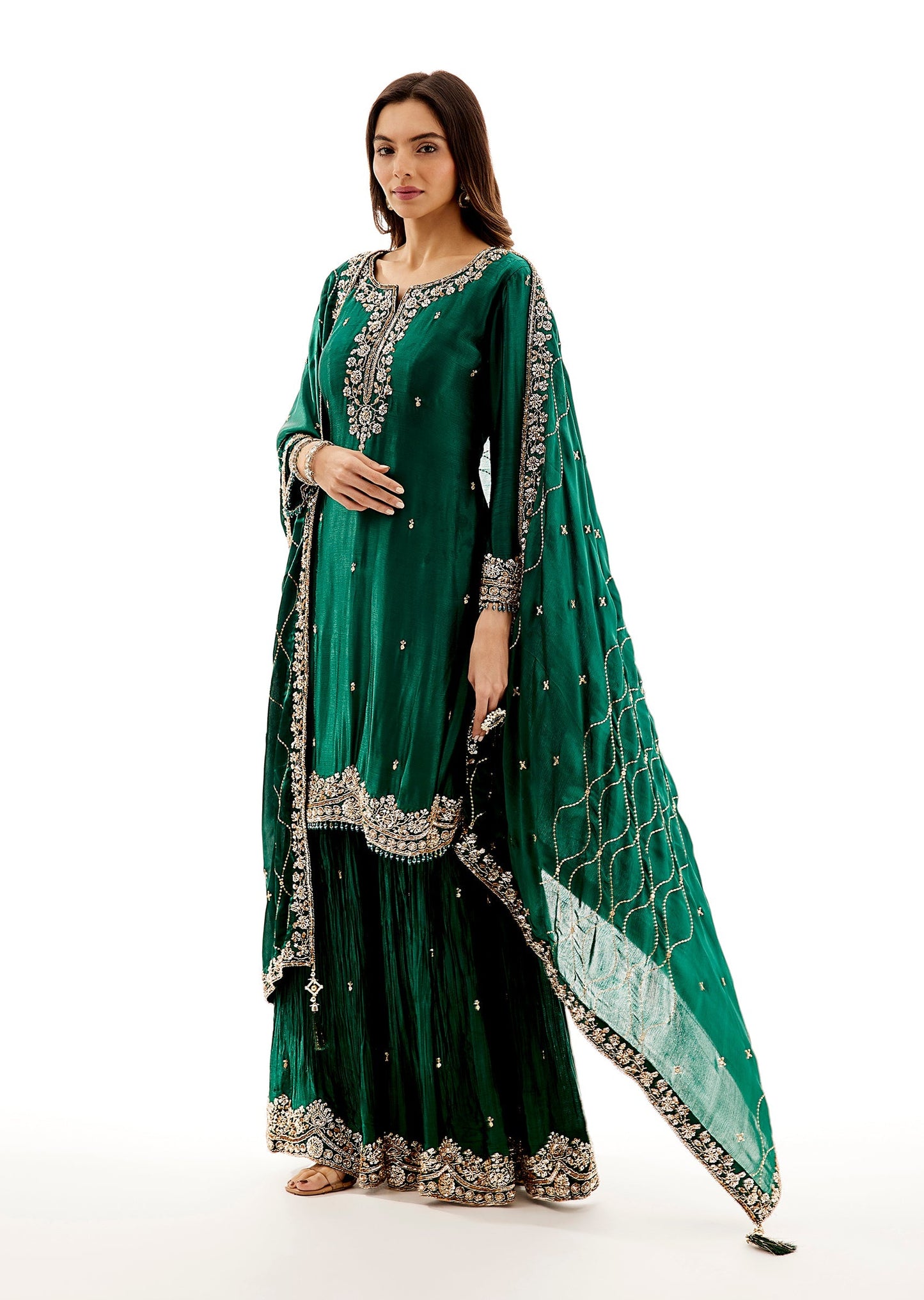 Green Satin Palazzo Dupatta Set With Cutdana And Sequins Work