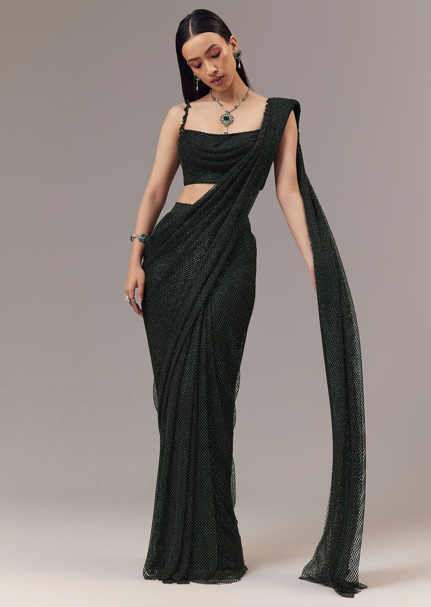 Green Satin Ready Pleated Indo Western Saree With Stone Detail Work