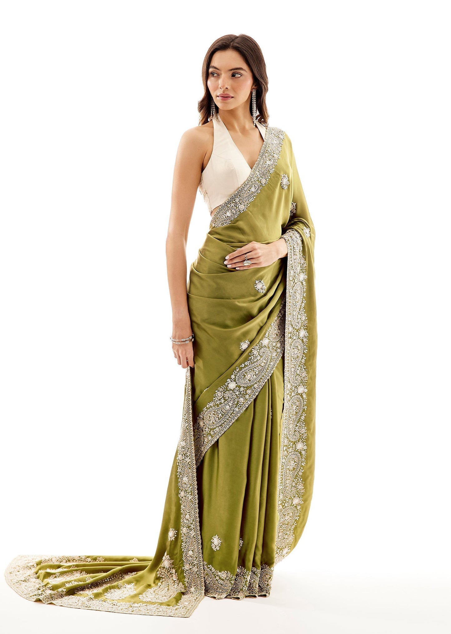 Green Satin Saree With Cutdana Embroidered Border