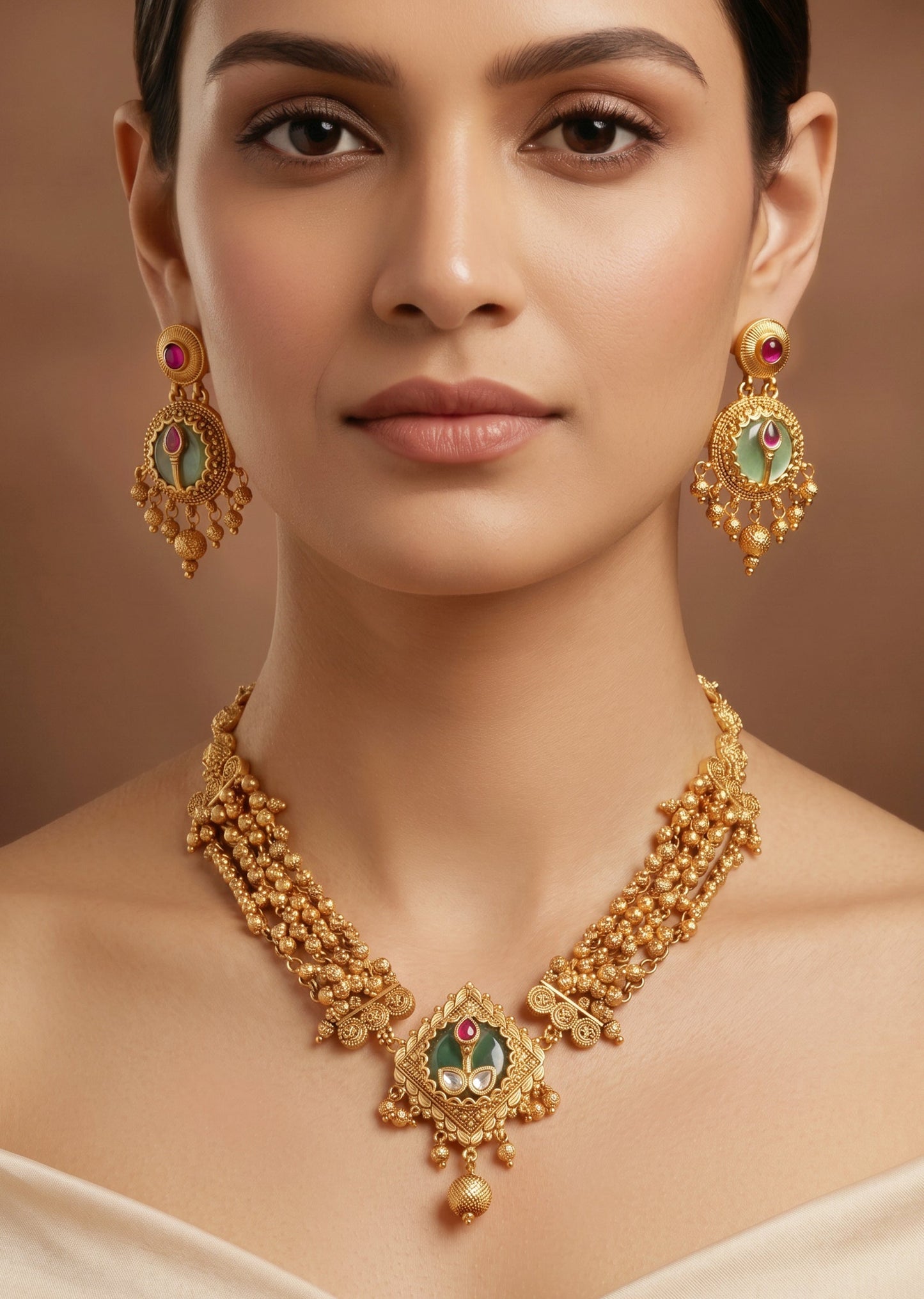 Green Stone And Pearl Traditional Necklace Set