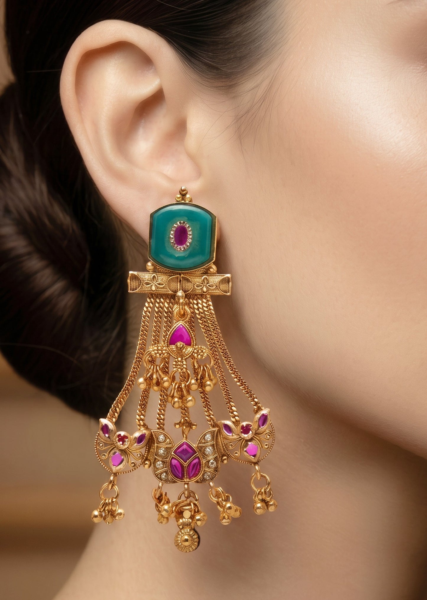 Green Stone Jhumka Tassel Earrings