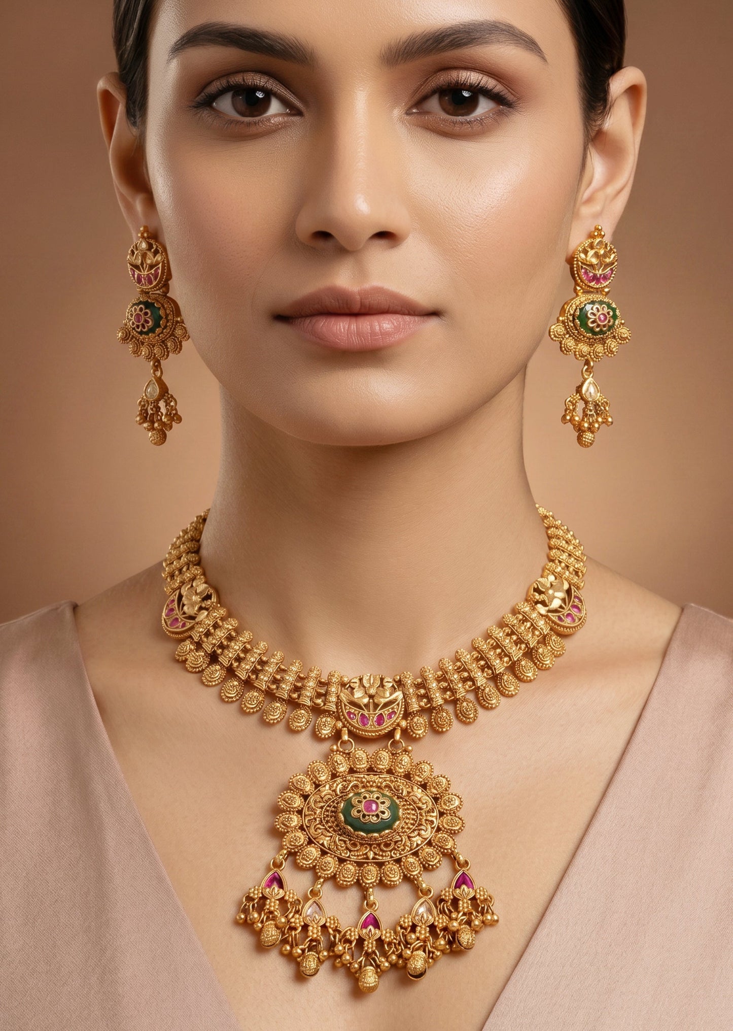 Green Stone Kundan Necklace Set With Pendant