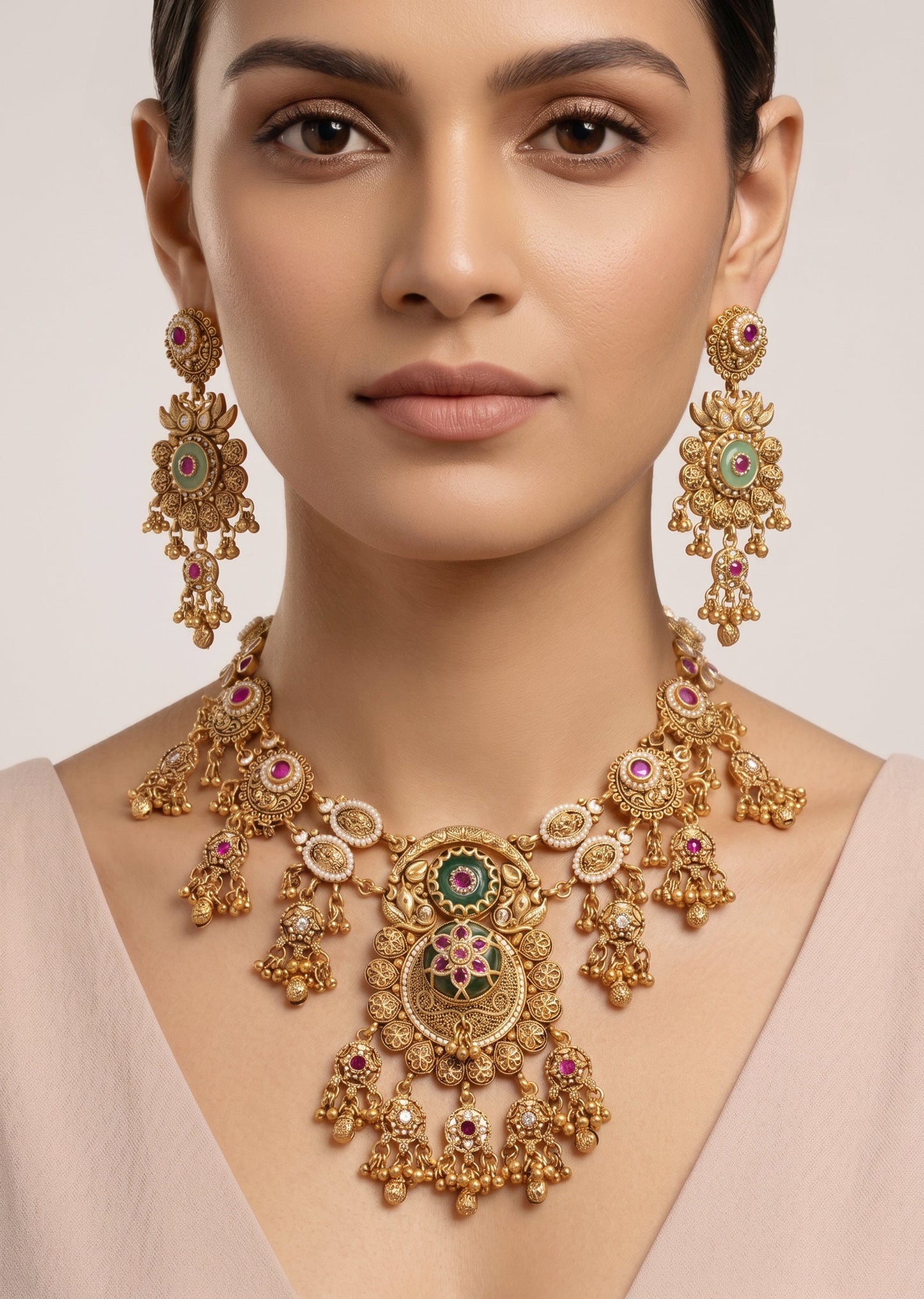 Green Stone Kundan Necklace Set With Statement Pendant
