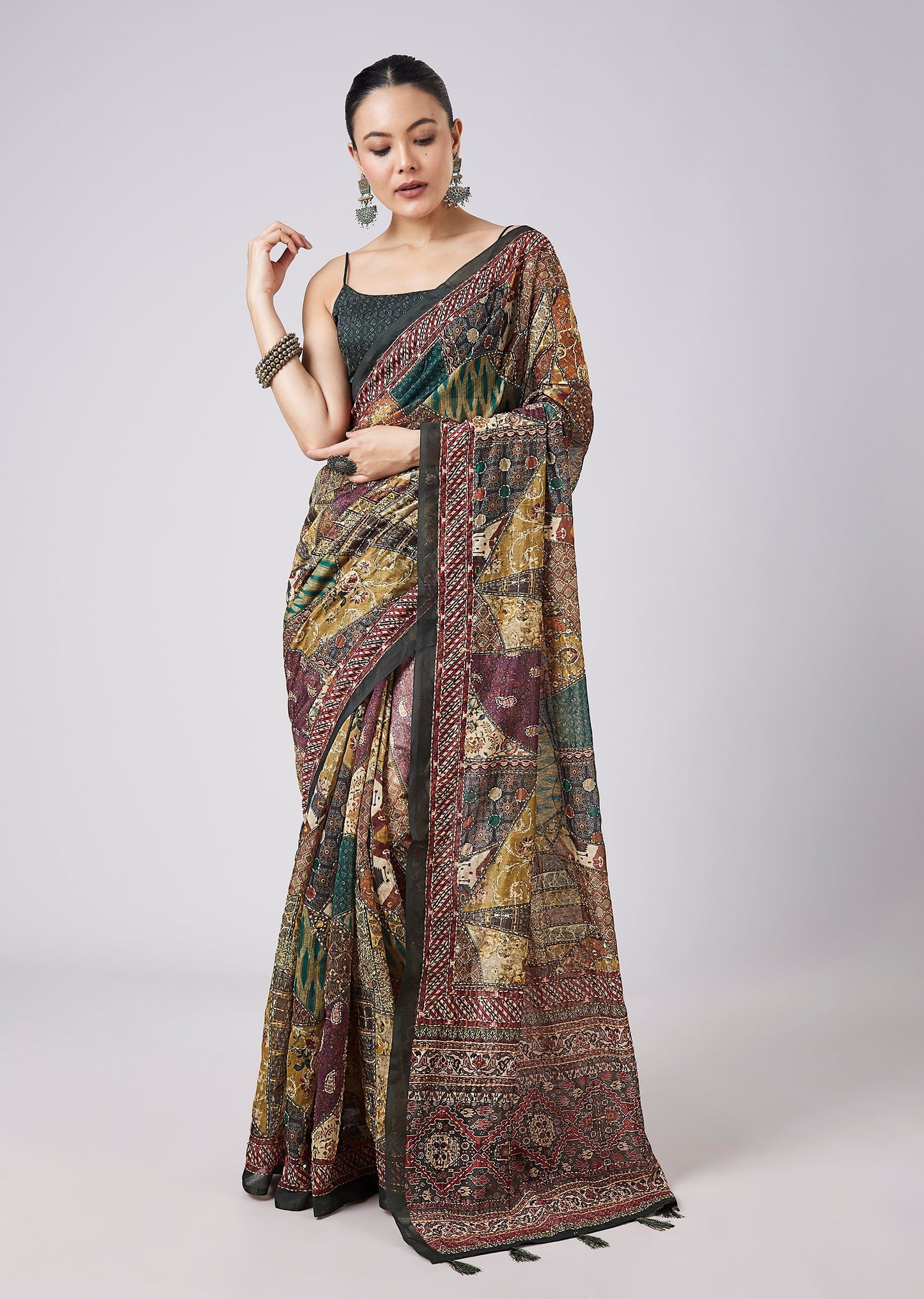 Green Tassel Block Printed Saree with Unstitched Blouse