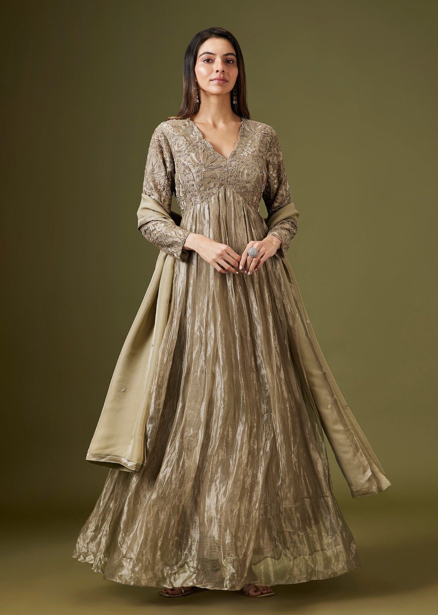 Green Tissue Embellished Anarkali Set With Dupatta
