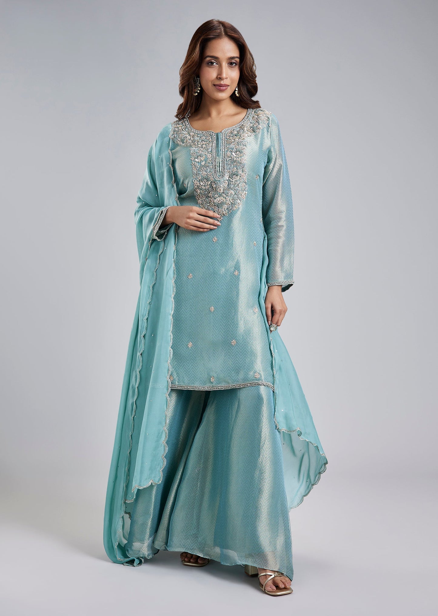 Green Tissue Jacquard Palazzo Set With French Knot Pearl Embroidered Yoke And Dupatta