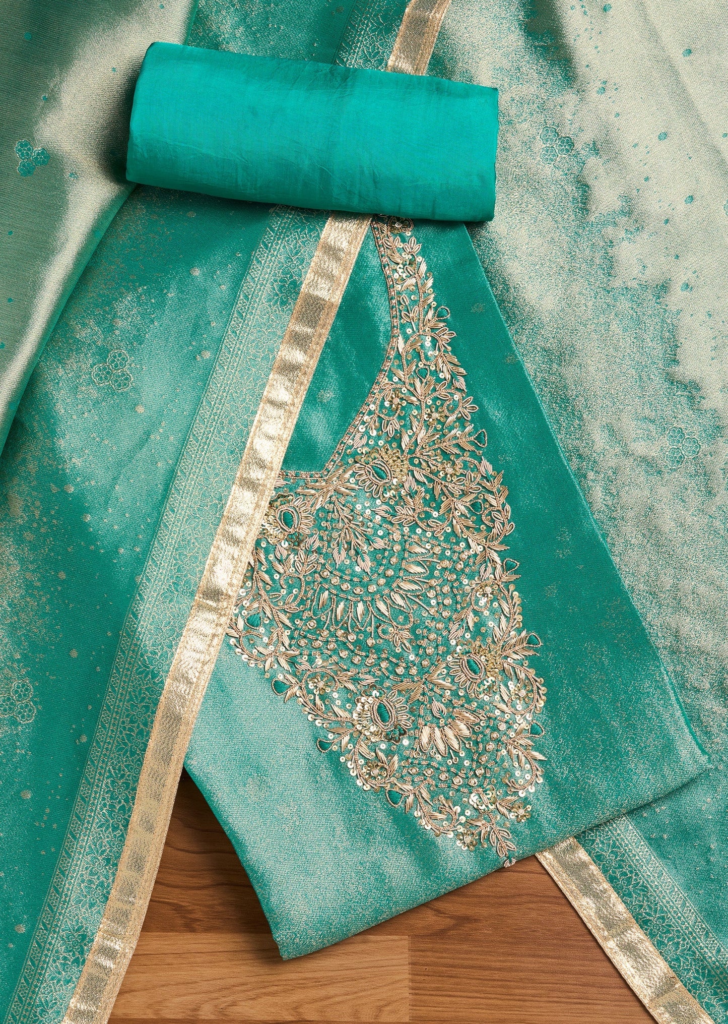 Green Tissue Unstitched Suit Set with Dupatta