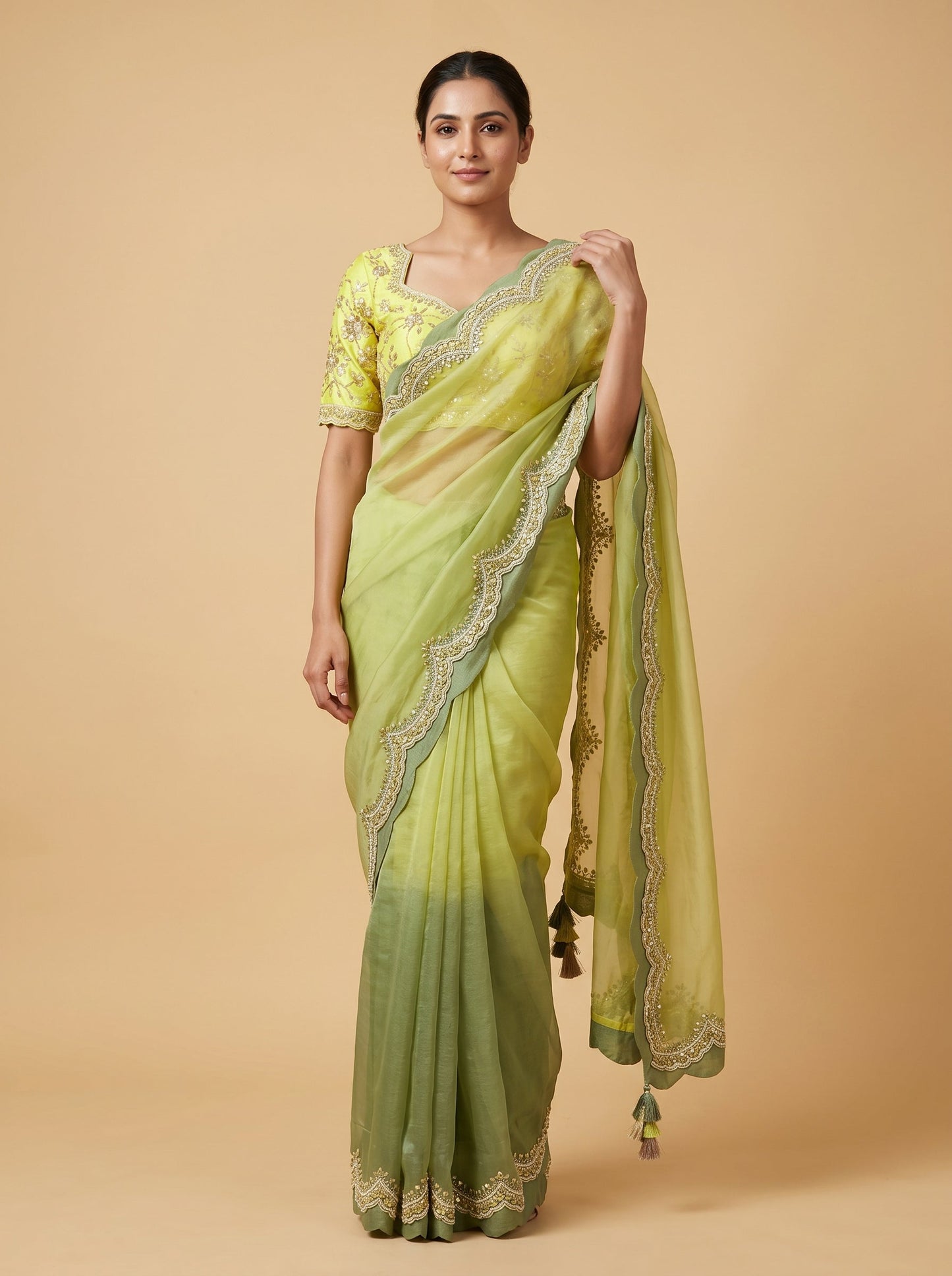 Green Yellow Zesty Fusion Embroidered Saree