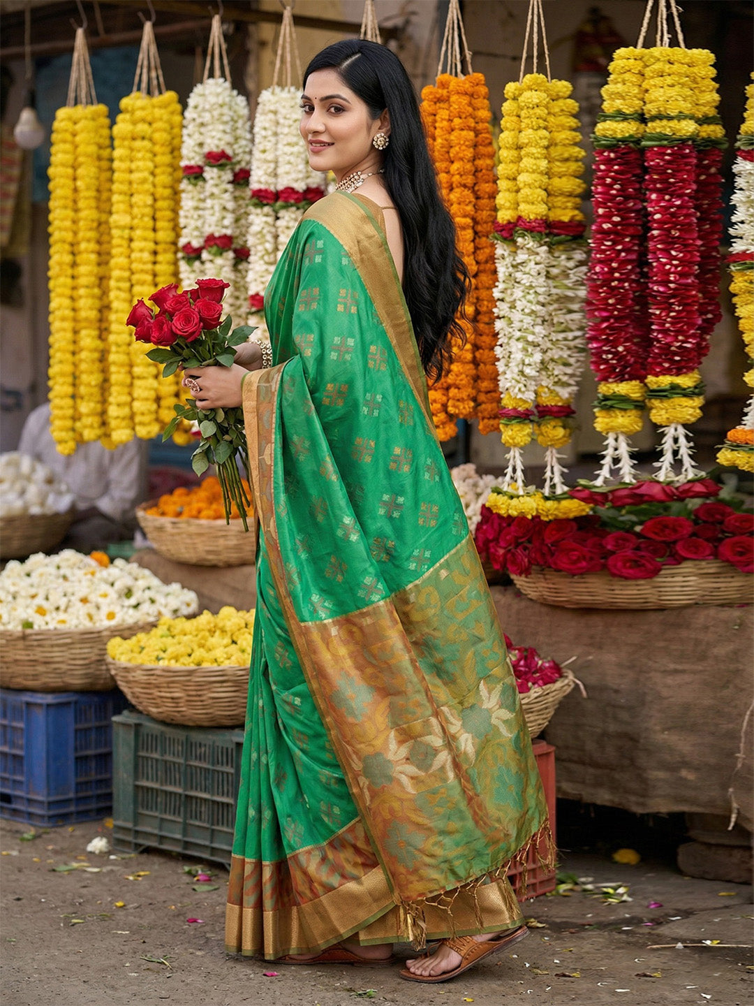 Anaita Green Pochampally Silk Woven Saree With Blouse
