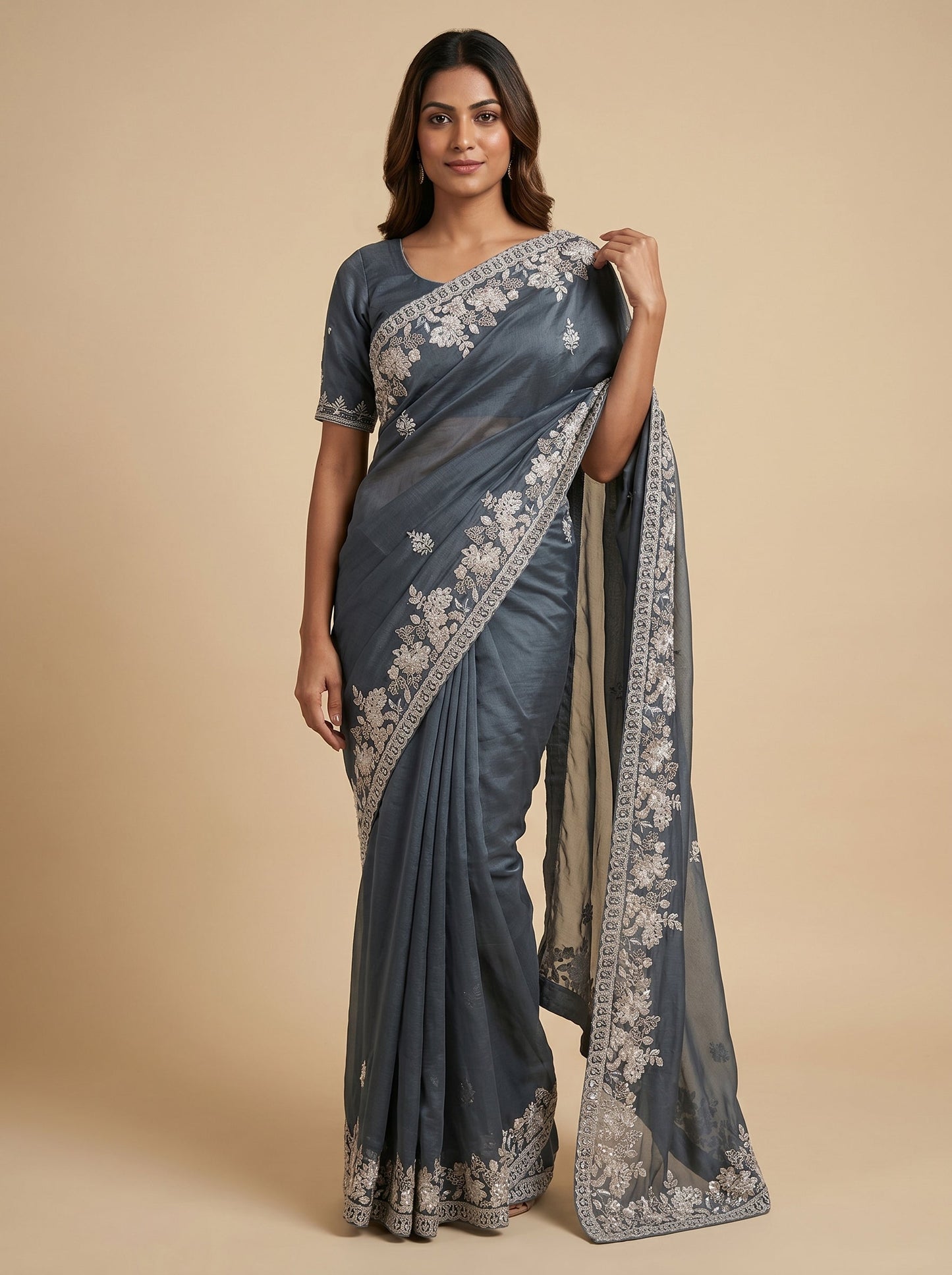 Grey Ashen Glow Embroidered Saree