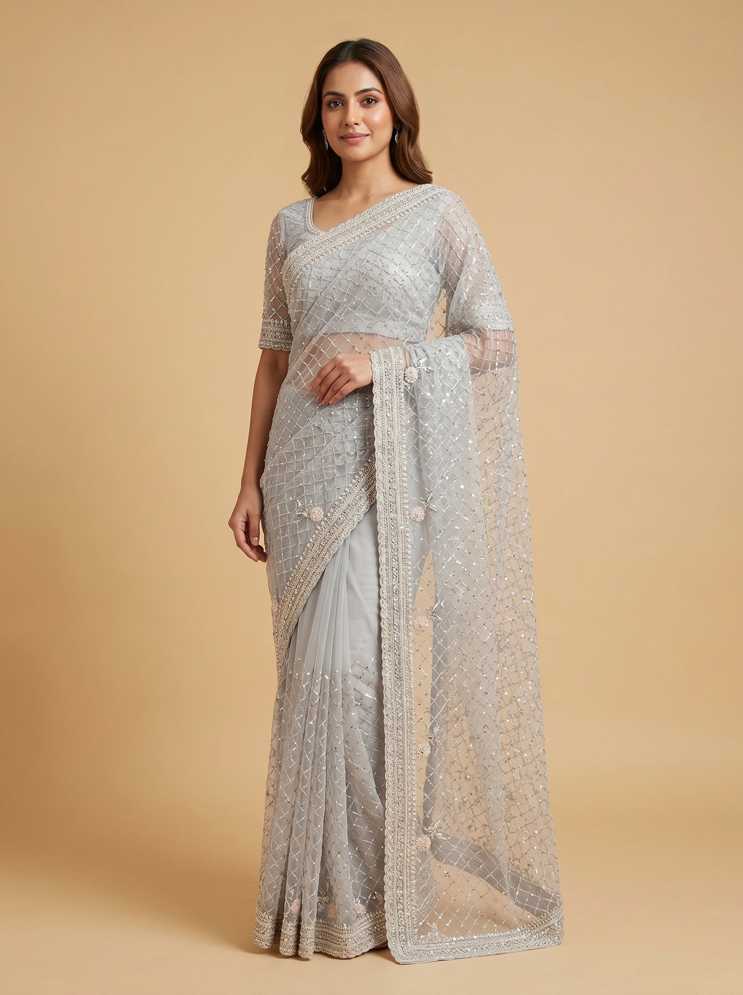 Grey Contemporary Touch Embroidered Saree
