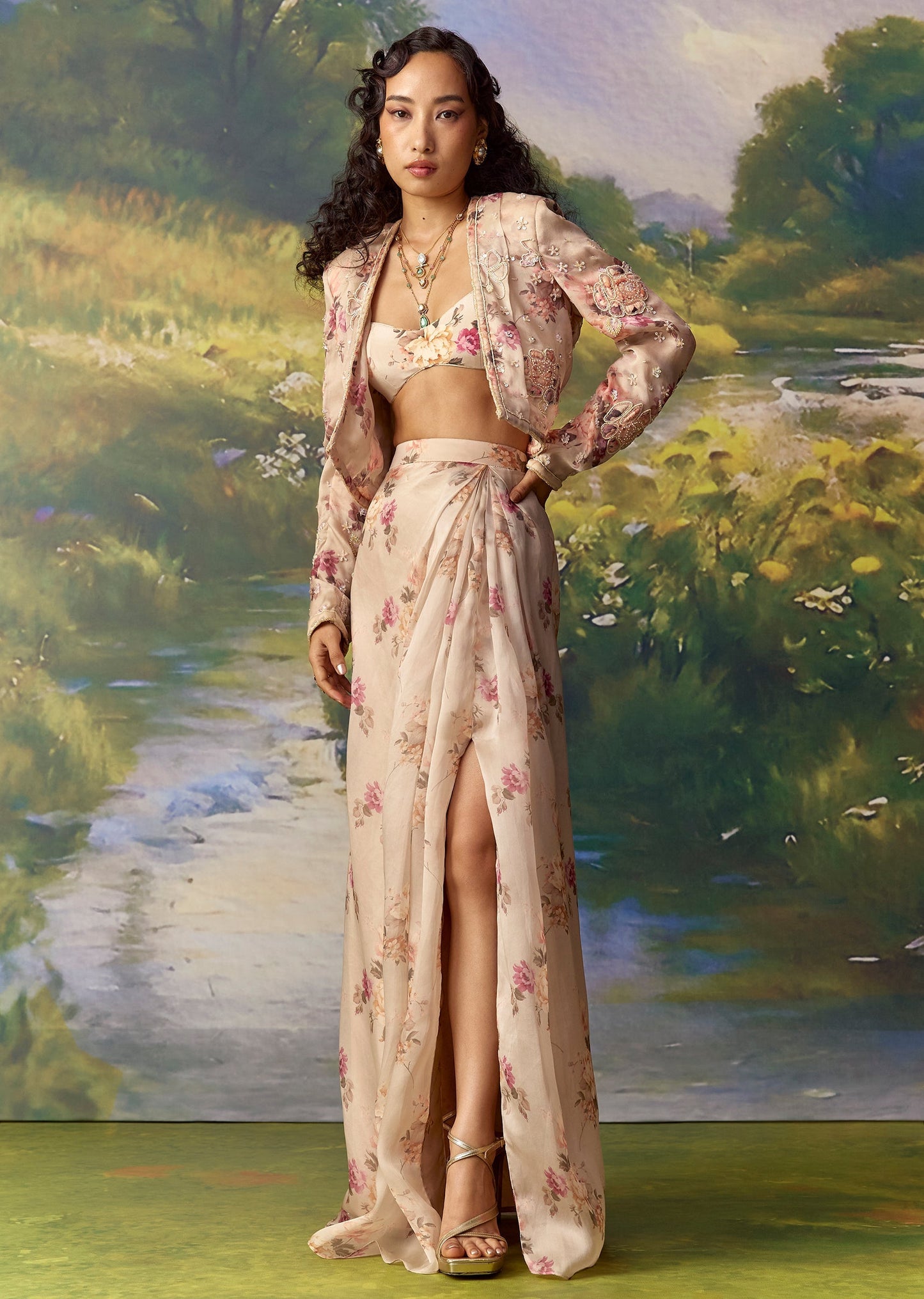 Grey Embroidered Jacket and Draped Skirt Set