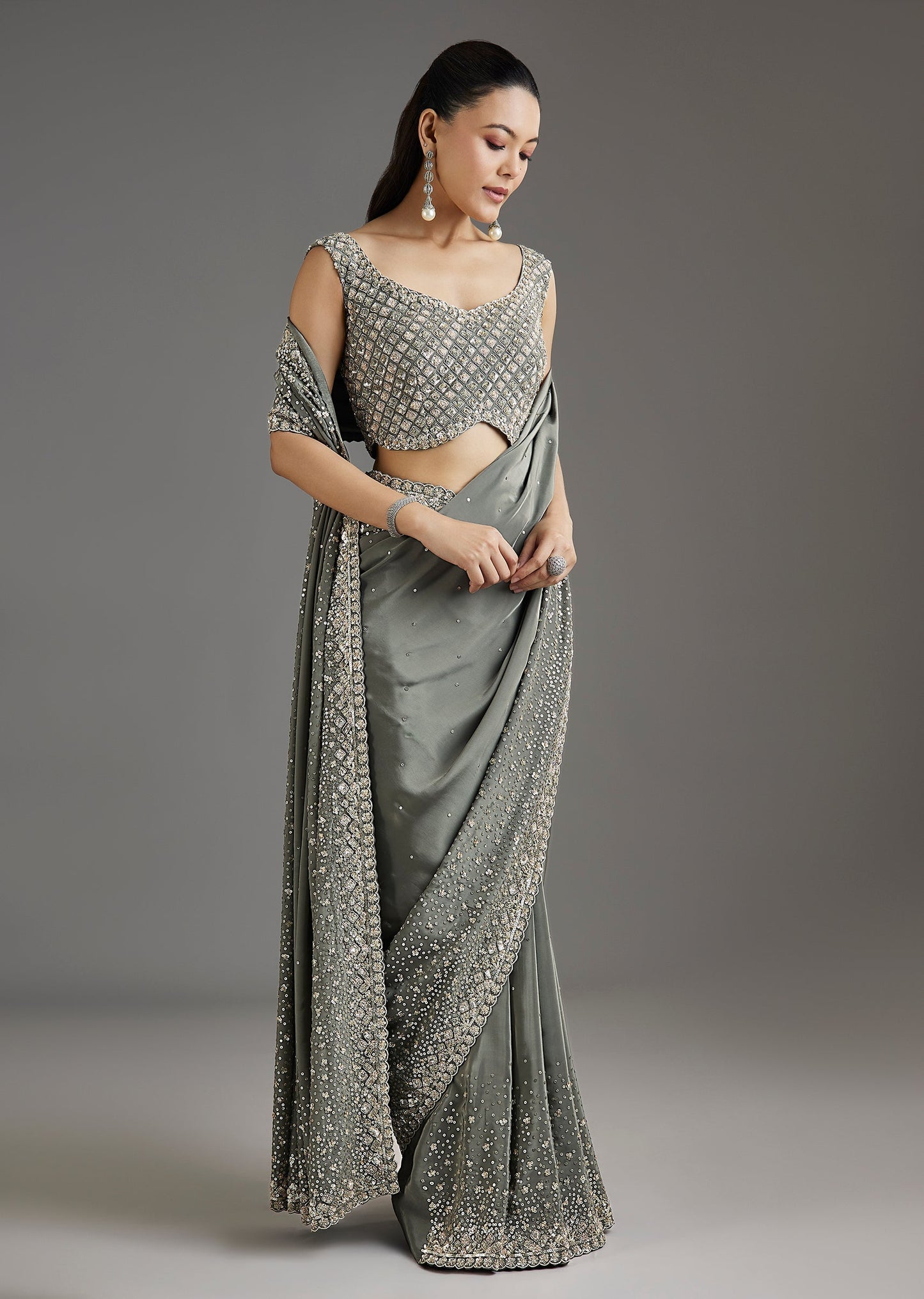 Grey Metallic Green Crepe Saree With Embellished Border