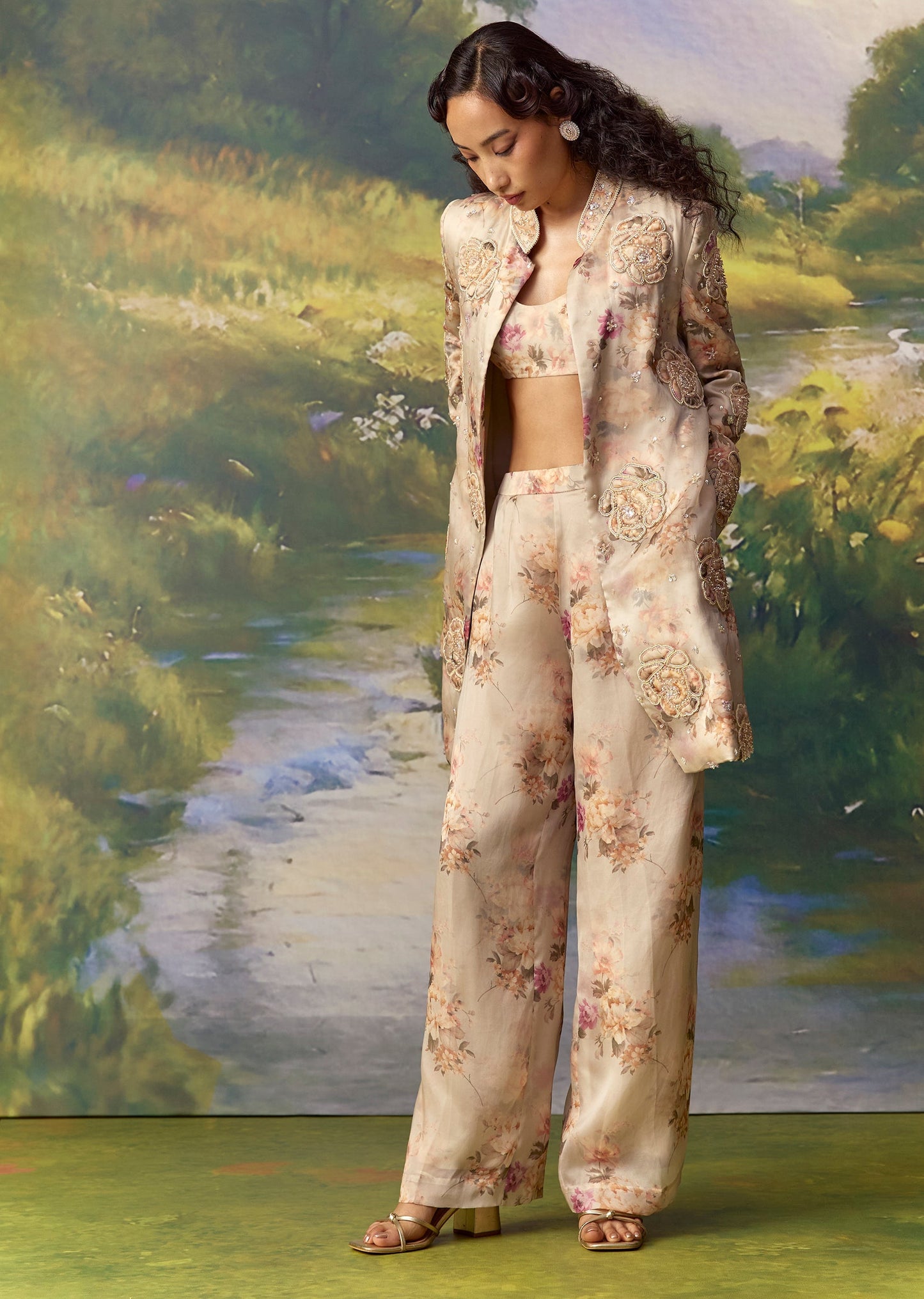 Grey Organza Printed Sherwani and Pant Set