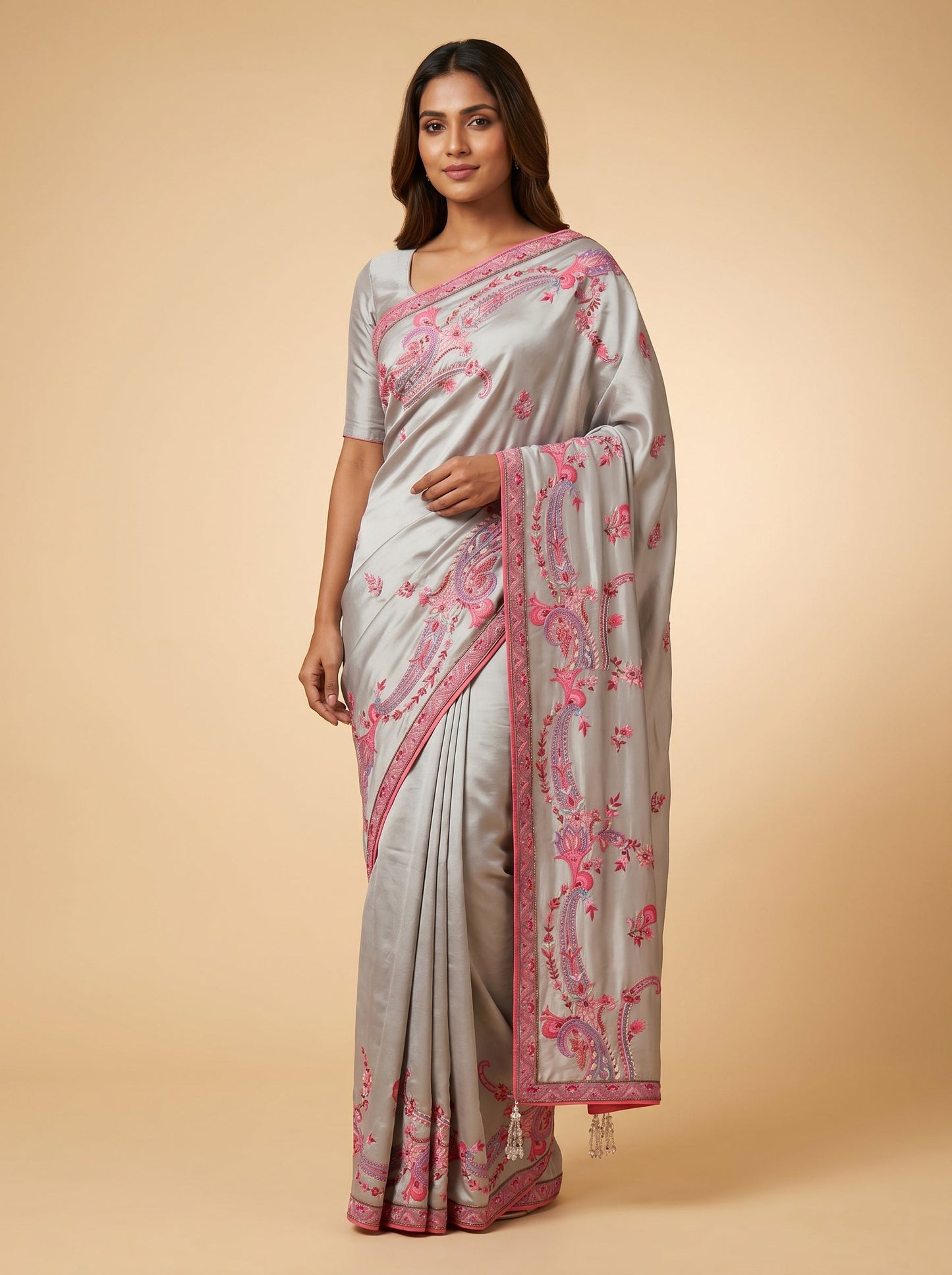 Grey Refined-Design Embroidered Saree
