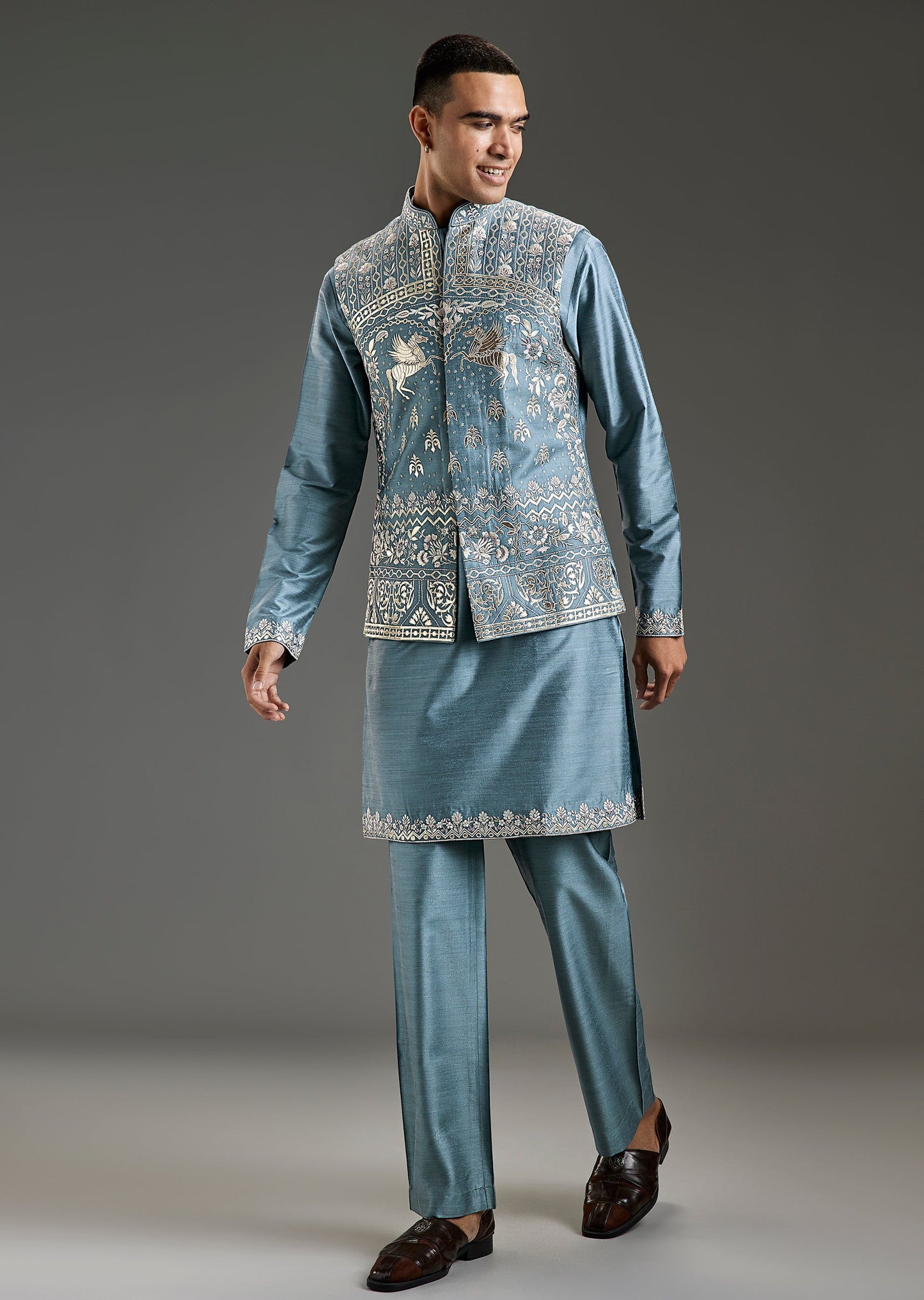 Grey Silk Kurta Jacket Set With Foil Patchwork Embroidery