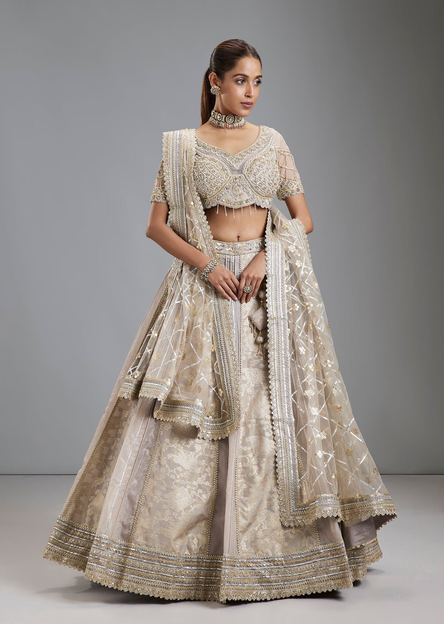 Grey Tissue Jacquard Lehenga With Sequin And Zardosi Choli