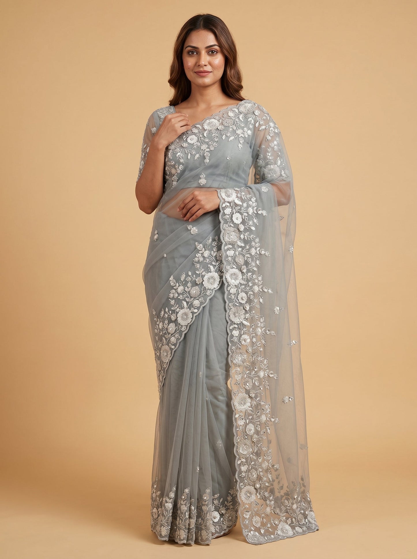 Modern Grey Elegance Embroidered Saree