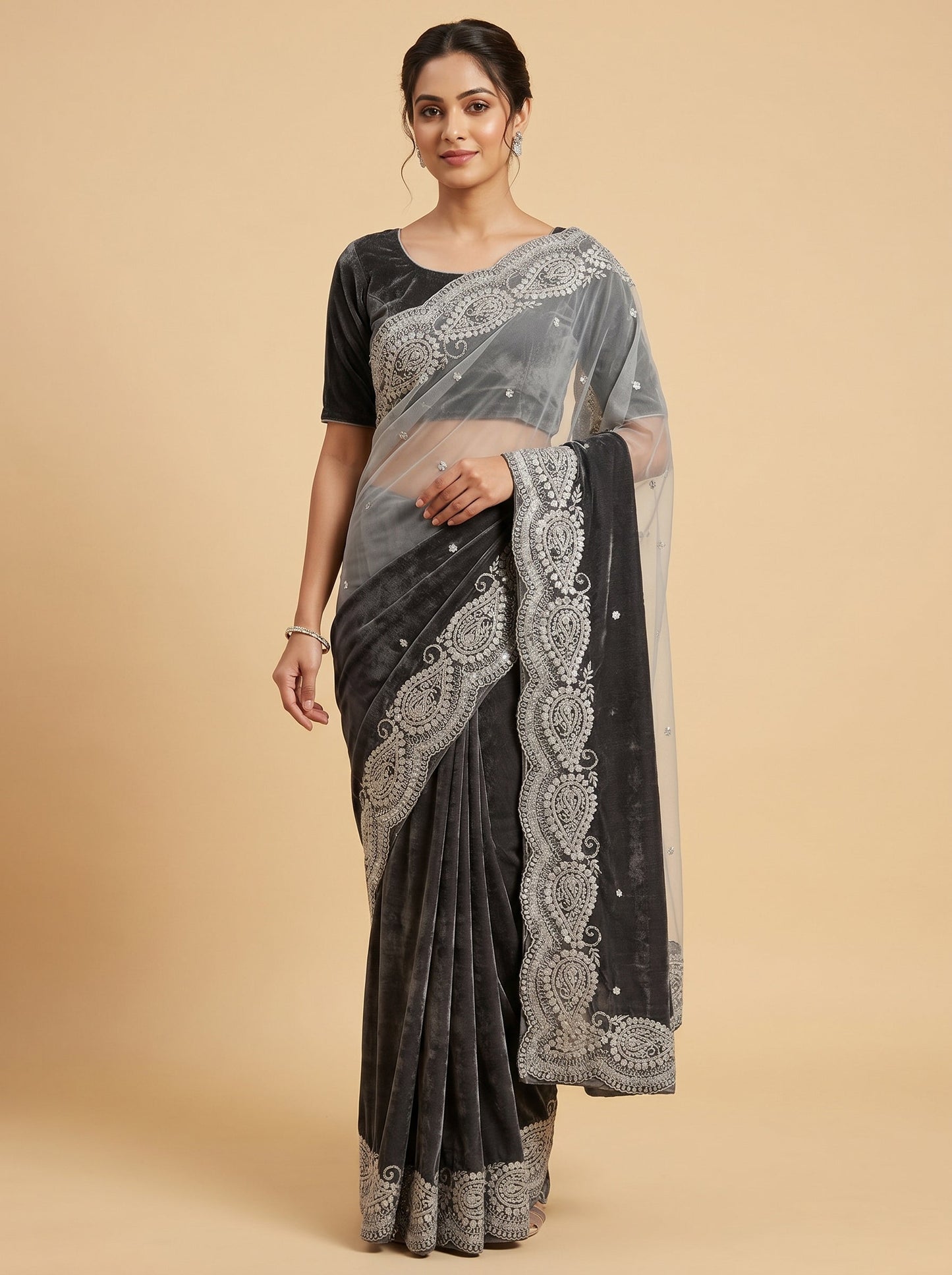 Grey Urban Embroidery Embroidered Saree
