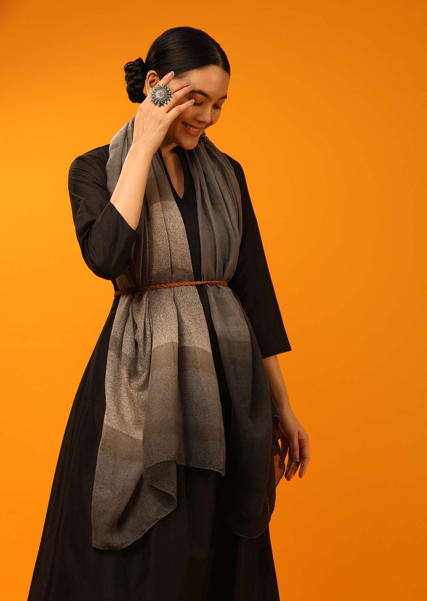 Grey Shaded Scarf In Cotton Blend With Striped Print Online - Kalki Fashion