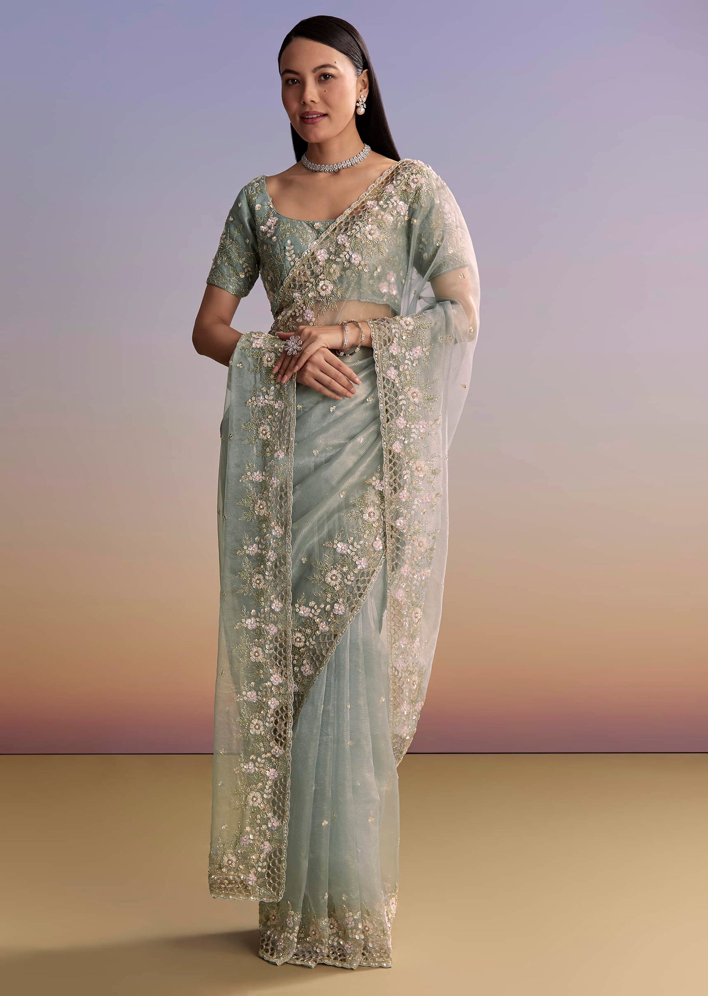 Grey Tissue Saree With Floral Embroidery And Cutwork Border