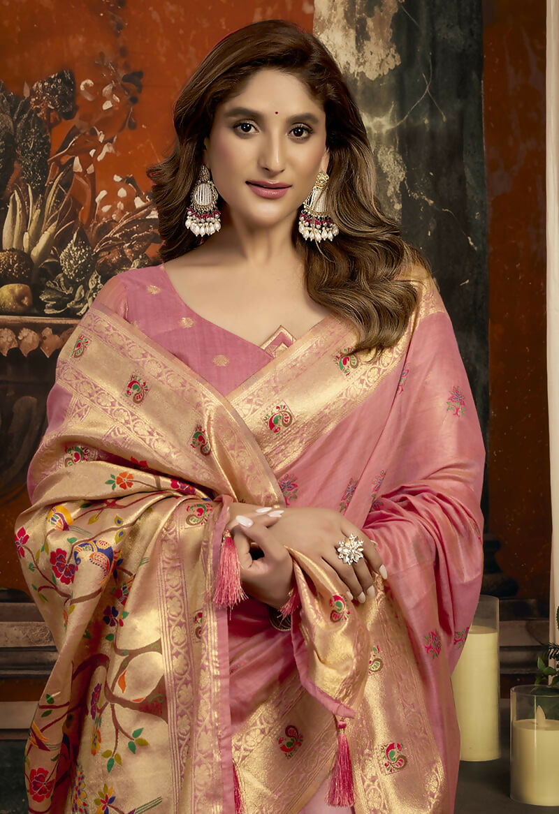 Monjolika Fashion Blush Pink Kota Silk Blend Paithani Saree with Meenakari Floral Bootis