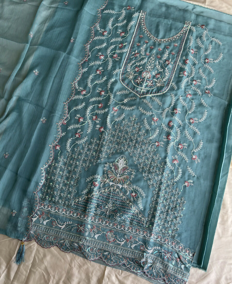 KC Beautiful Sky Blue Chiffon Silk Hand Embroidery Suit For Women