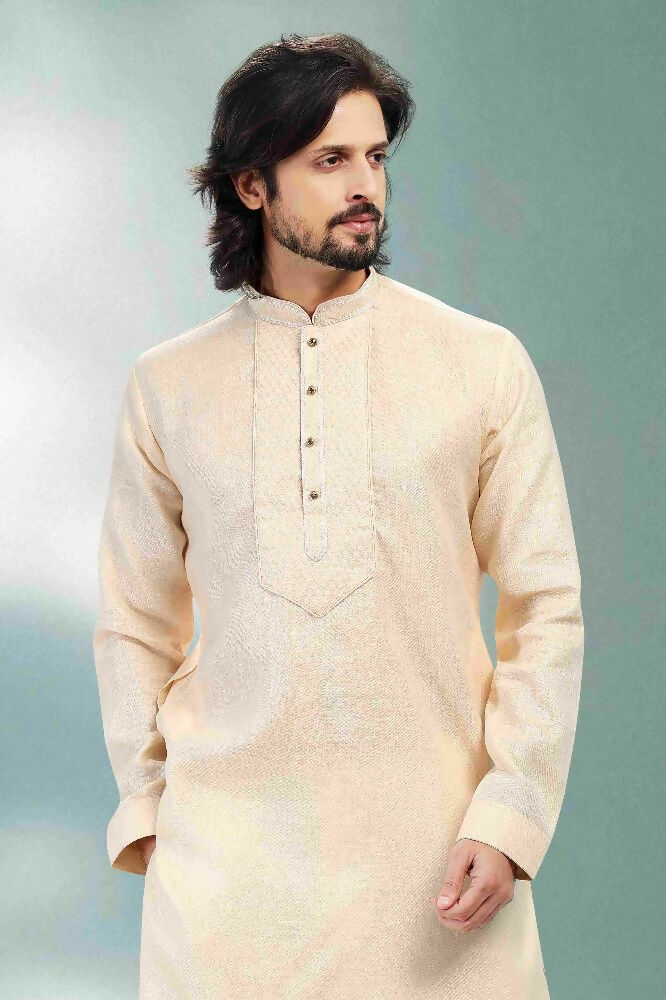 Raivat Ethnic Linen Cotton Pintux Work Kurta Pajama In Beige Colour